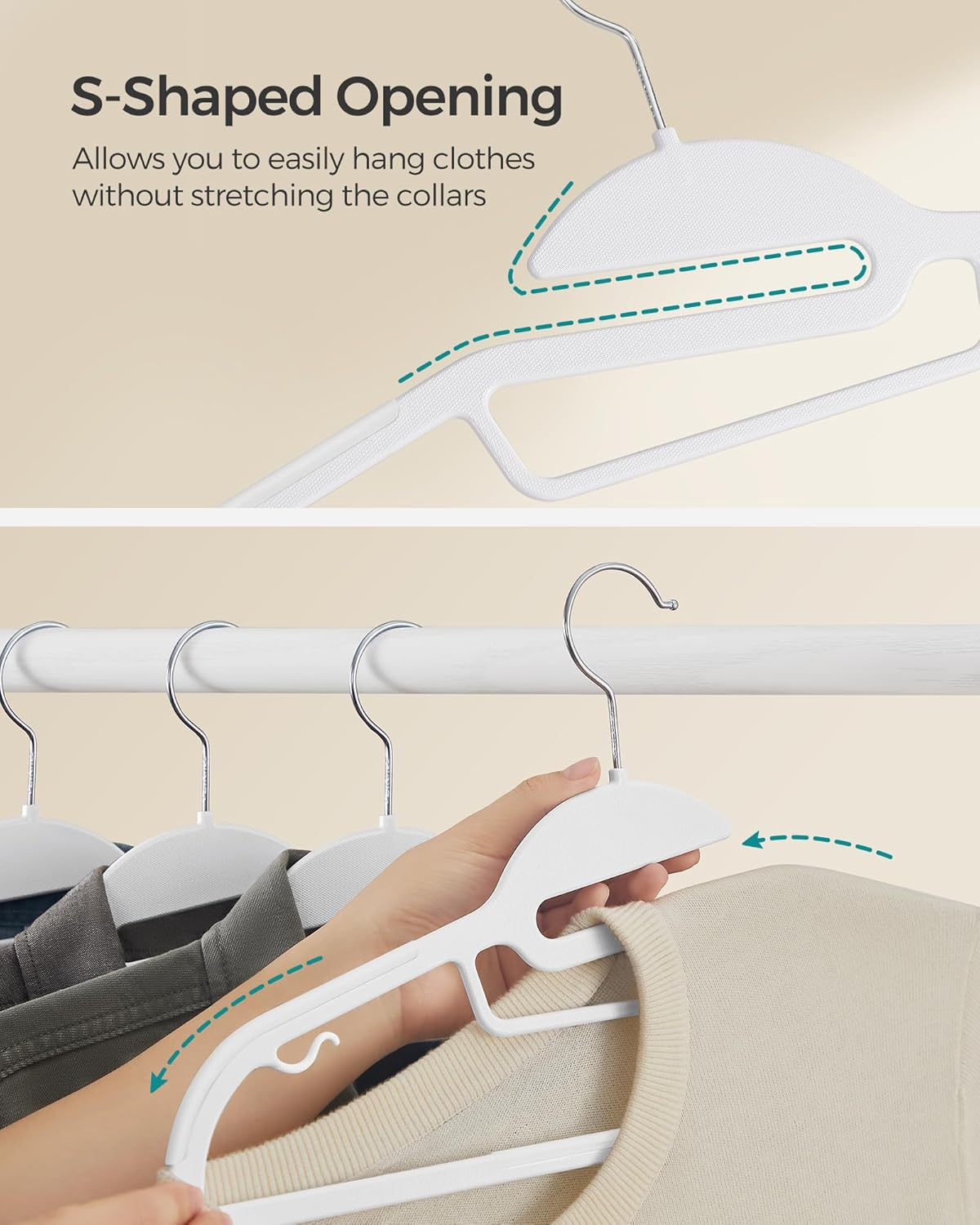 SONGMICS 50 Pack Coat Hangers, Heavy-Duty Plastic Suit Hangers, S-Shaped Opening, Space-Saving, 360&ordm; Swivel Hook, 16.3 Inches Wide, Cloud White UCRP41W50 image number 1