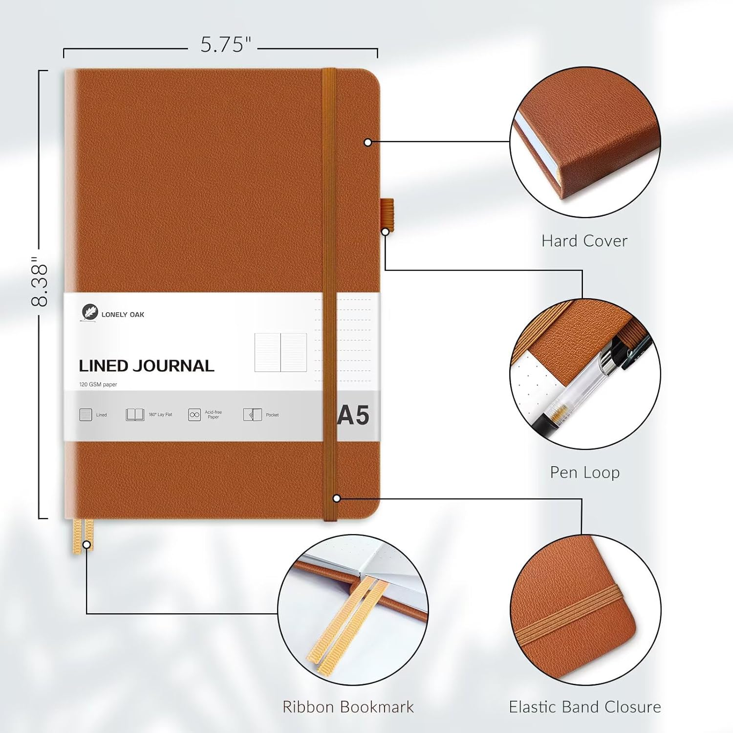 Lonely Oak Lined Journal Notebook, A5 Hardcover Lined Notebook for Women & Men, 120GSM Acid-Free Paper with Leather Hardcover and Inner Pocket, Daily Diary Journal for Work(Brown) image number 5