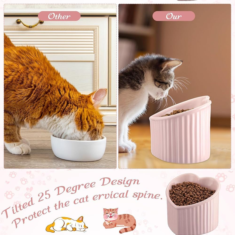 12 CM Raised Tilted Cat Bowls &ndash; 2 Pack Pink Heart-Shaped Ceramic Elevated Feeder Dishes for Small Cats & Kittens, Anti-Vomit Pet Food & Water Bowls, Spine Protection image number 4