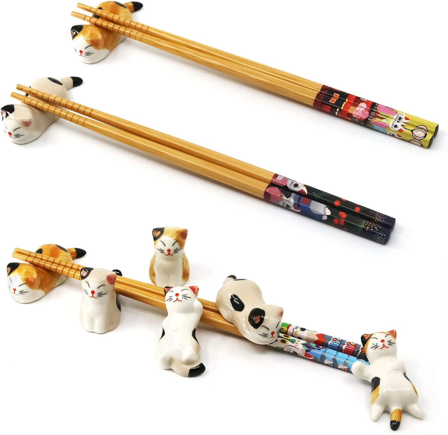 5 Pairs Chopsticks and Chopstick Rest Set, 6 Cute Lucky Cats Rest, Classic Japanese Style Light and Handy Reusable Natural Bamboo Dishwasher, Classic Gift Sets