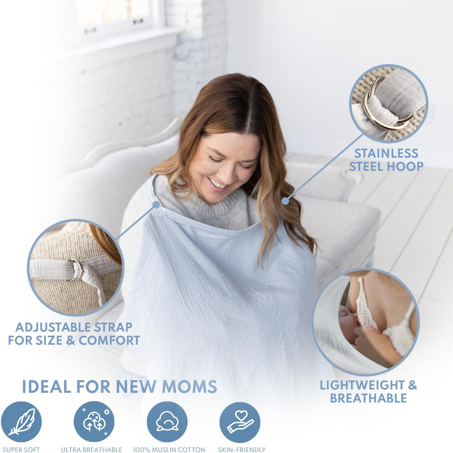 ACTIVE BABY Nursing Cover for Breastfeeding Mom with Adjustable Hoop for Hand Free Breathable Nursing Cover up | 100% Muslin Cotton Light Weight Breastfeeding Cover Wrap Shawl Scarf (Evaporation Gray) - Evaporation Gray image number 3