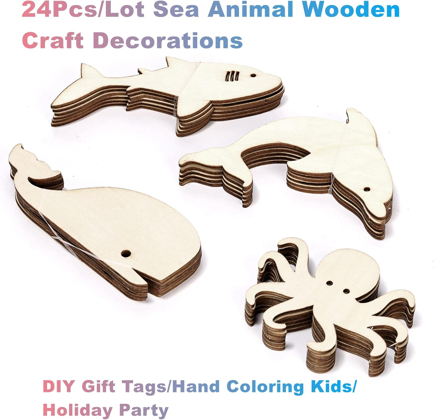 24Pcs Sea Animal Wooden Craft Decorations for DIY Gift Tags, Hand Coloring Kids, Holiday Party, Create Hanging Ornaments image number 4
