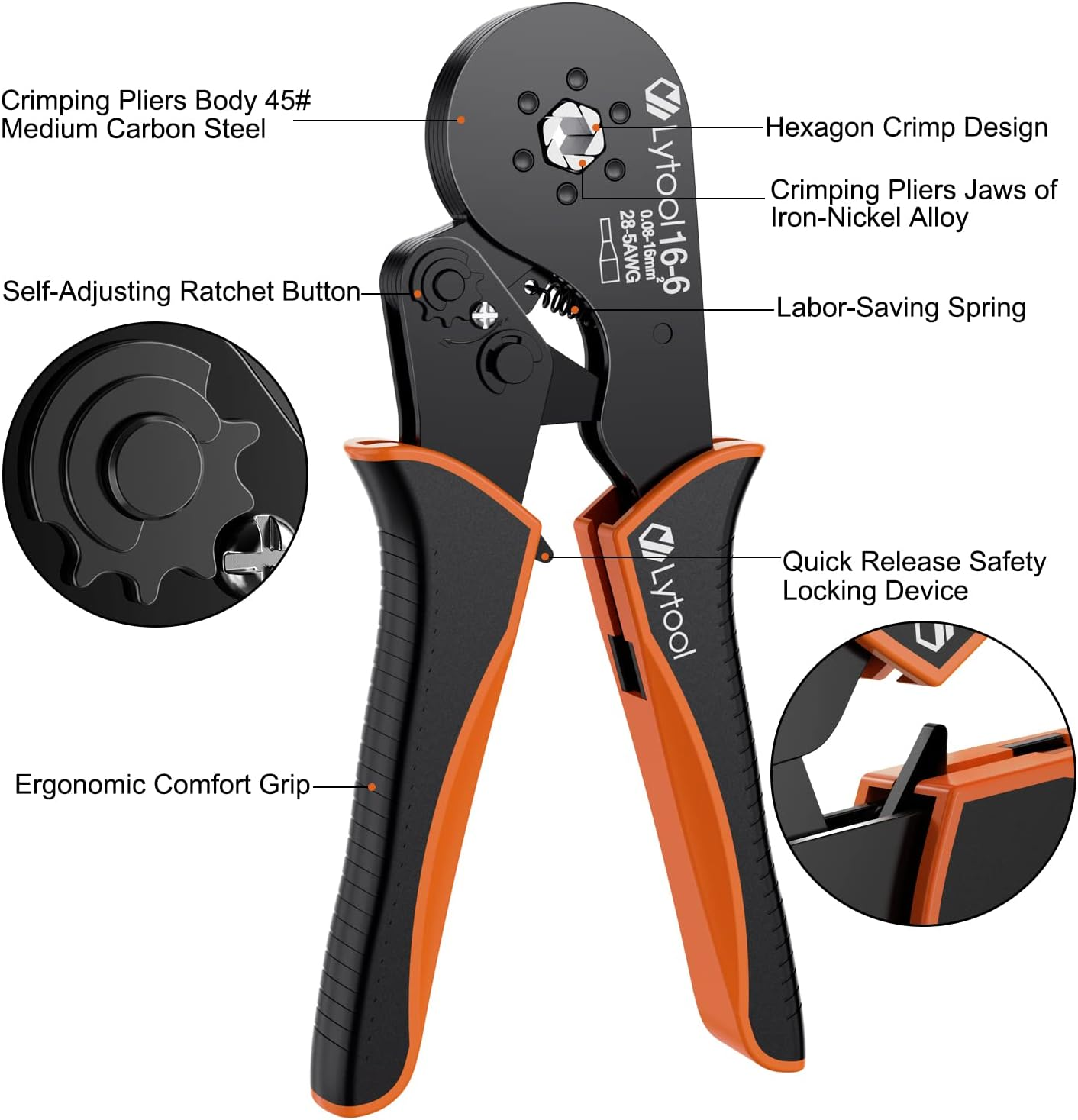 Ferrule Crimping Tools, Lytool 0.08-16Mm&sup2; Hexagonal Bootlace Ferrule Crimping Tool Kit Self-Adjustable Ratchet Crimping Pliers Set Wire Crimping Tool image number 6