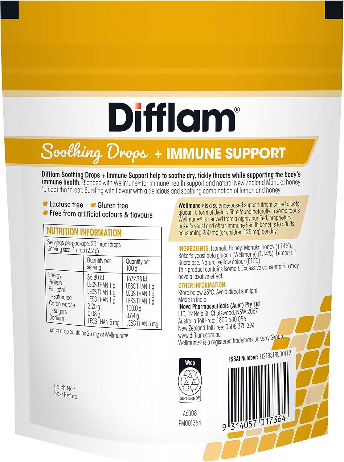 Difflam Soothing Drops + Immune Support 20 Pieces Pack, Honey and Lemon image number 4