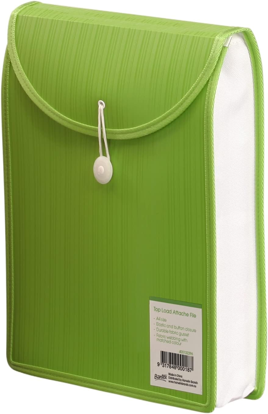Bantex, A4 Top Load Attache File, Store up to 500 Sheets, Elastic and Button Closure, Geen