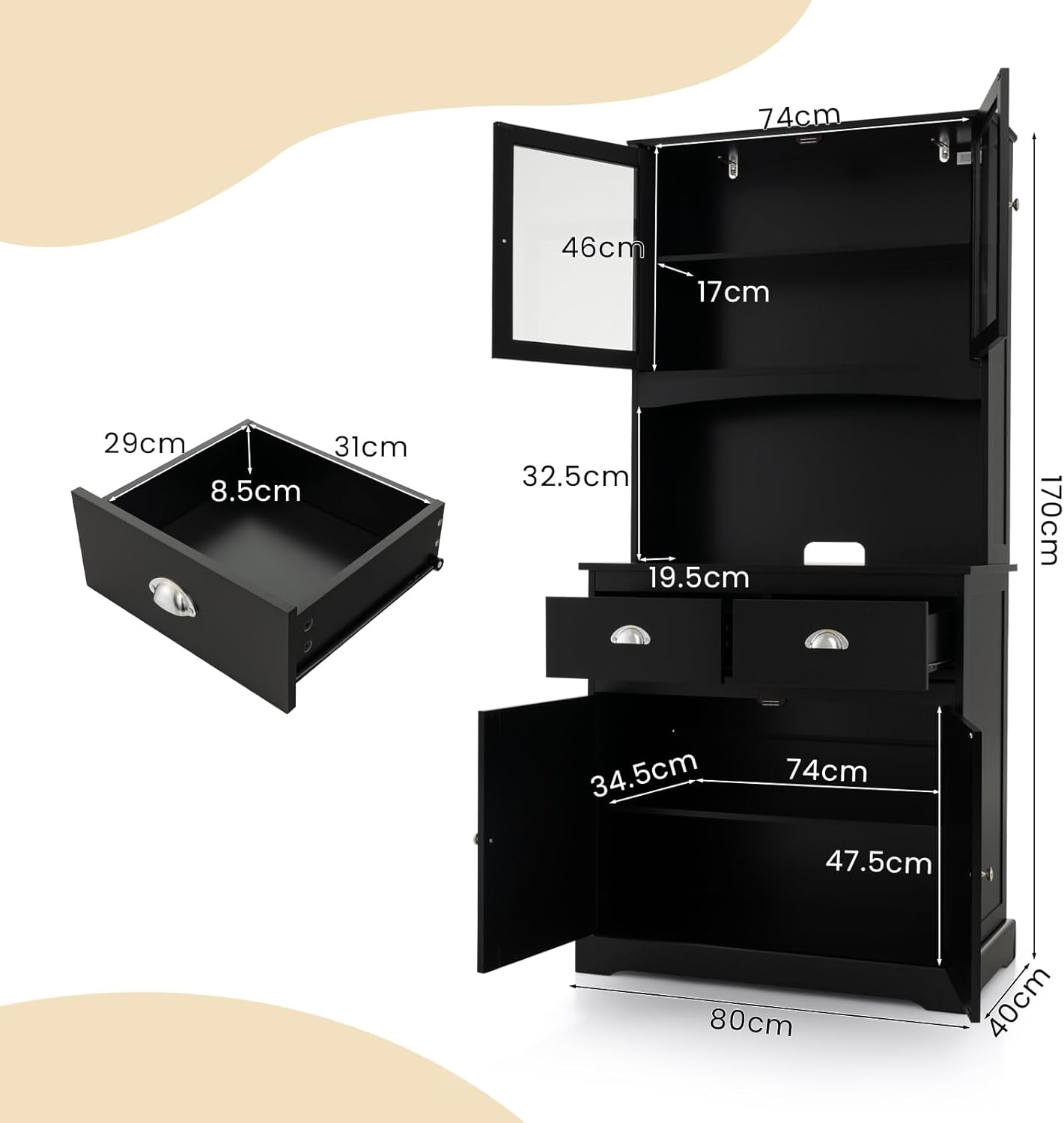 Giantex Kitchen Pantry Buffet Cabinet, Storage Organizer W/Tempered Glass Doors & Double Drawers, Cable Management Hole, Adjustable Shelves & Anti-Toppling System, Cupboard Kitchen Dining Room (Black) image number 2