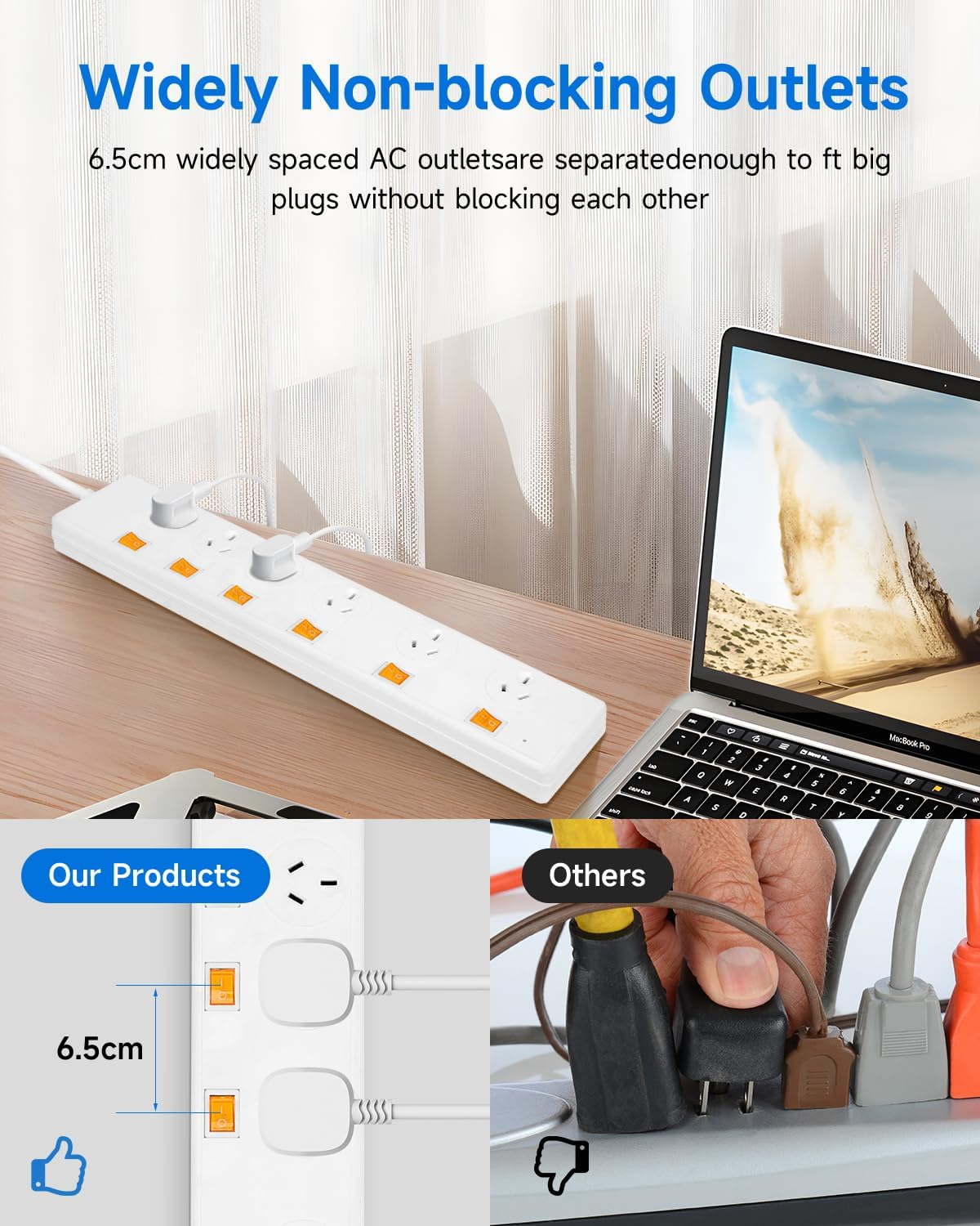 Surge Protector Power Board - 6 Widely Outlets with Individual Switch, LERLIUS Power Strip with 1.5M Extension Cord, 900J Surge Protection, Wall Mount, 2400W/10A/240V, White image number 2