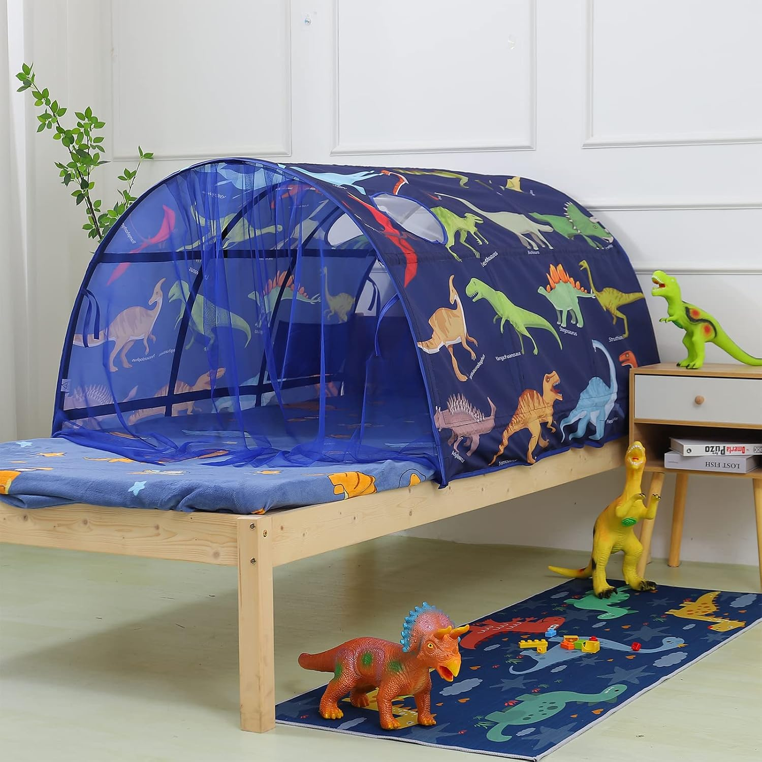 Bed Tent for Toddler Foldable Game House Children Play Tents Breathable Cottage Combination Sleeping Canopy Playhouse Double Net Curtain with Storage Bag, Dark Blue-Dino,(Bed Tent-Dino) image number 5