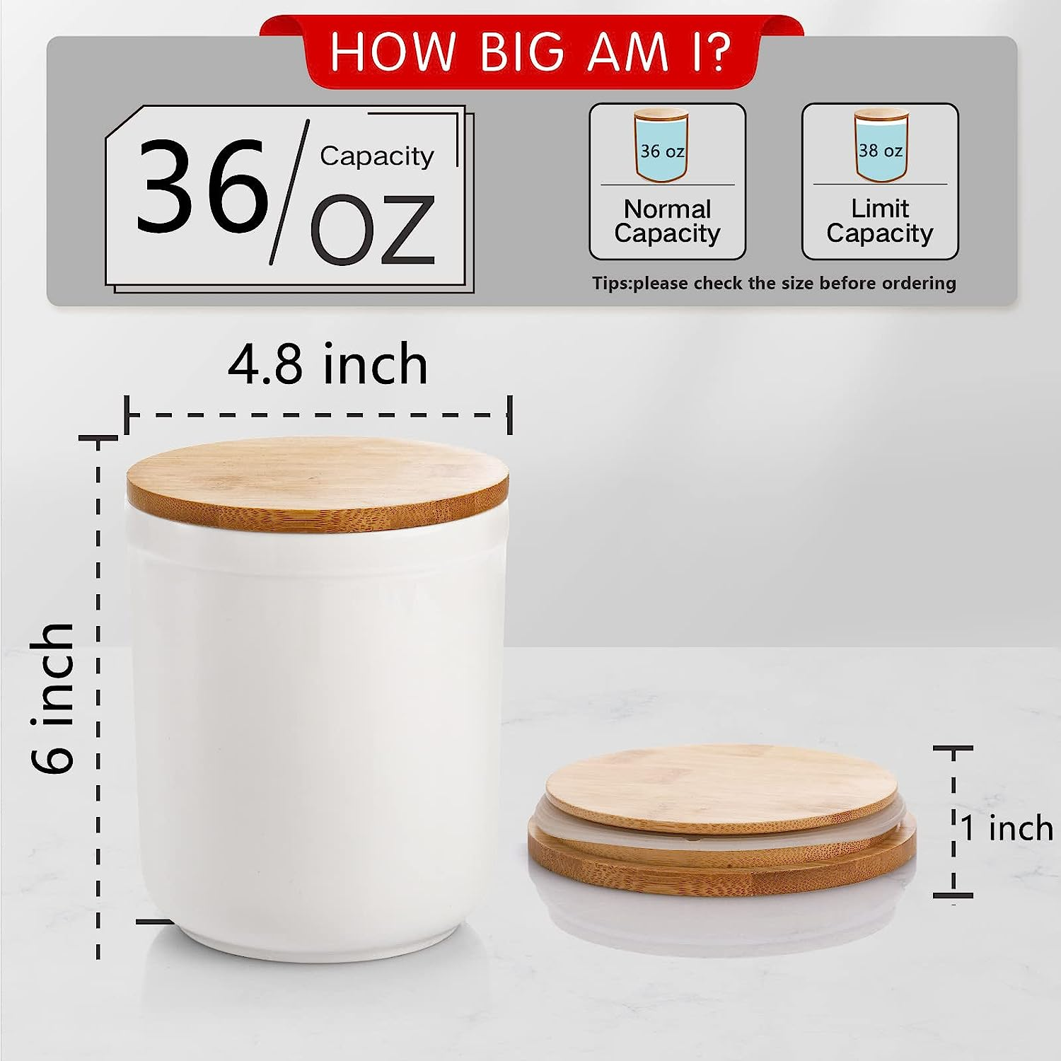 AVLA 3 Pack Ceramic Food Storage Jars with Bamboo Lids, 36 FL OZ White Kitchen Canisters Airtight Container for Serving Ground Coffee, Cookie, Tea, Sugar, Salt, Spices, Flour image number 5