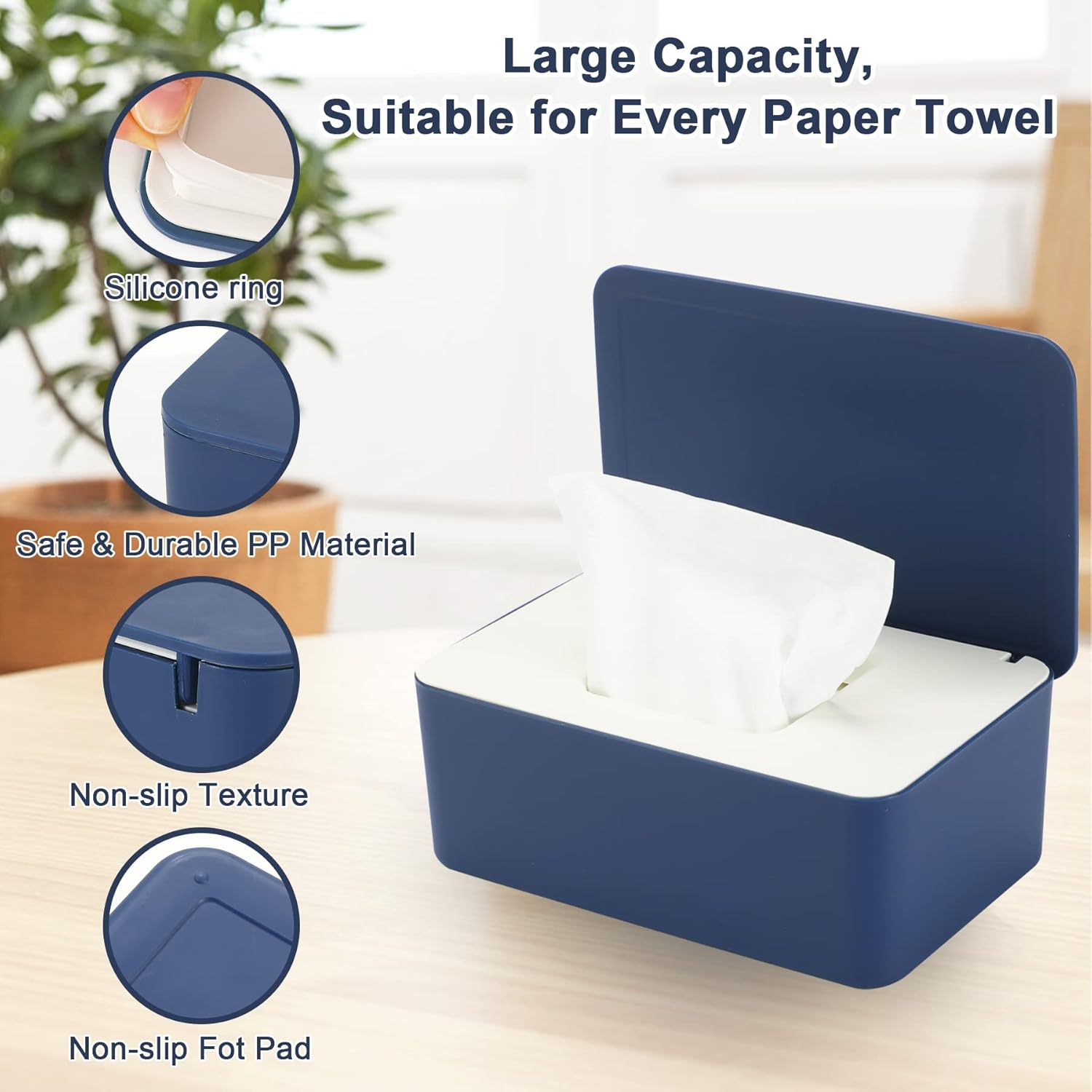 NOVWANG Wipes Dispenser Large Capacity Baby Wipes Holders Case Keeps Wipes Fresh Wipes Container with Silicone Non-Slip Pad, Dustproof Tissues Wipes Case with Lid (White-Blue) image number 5
