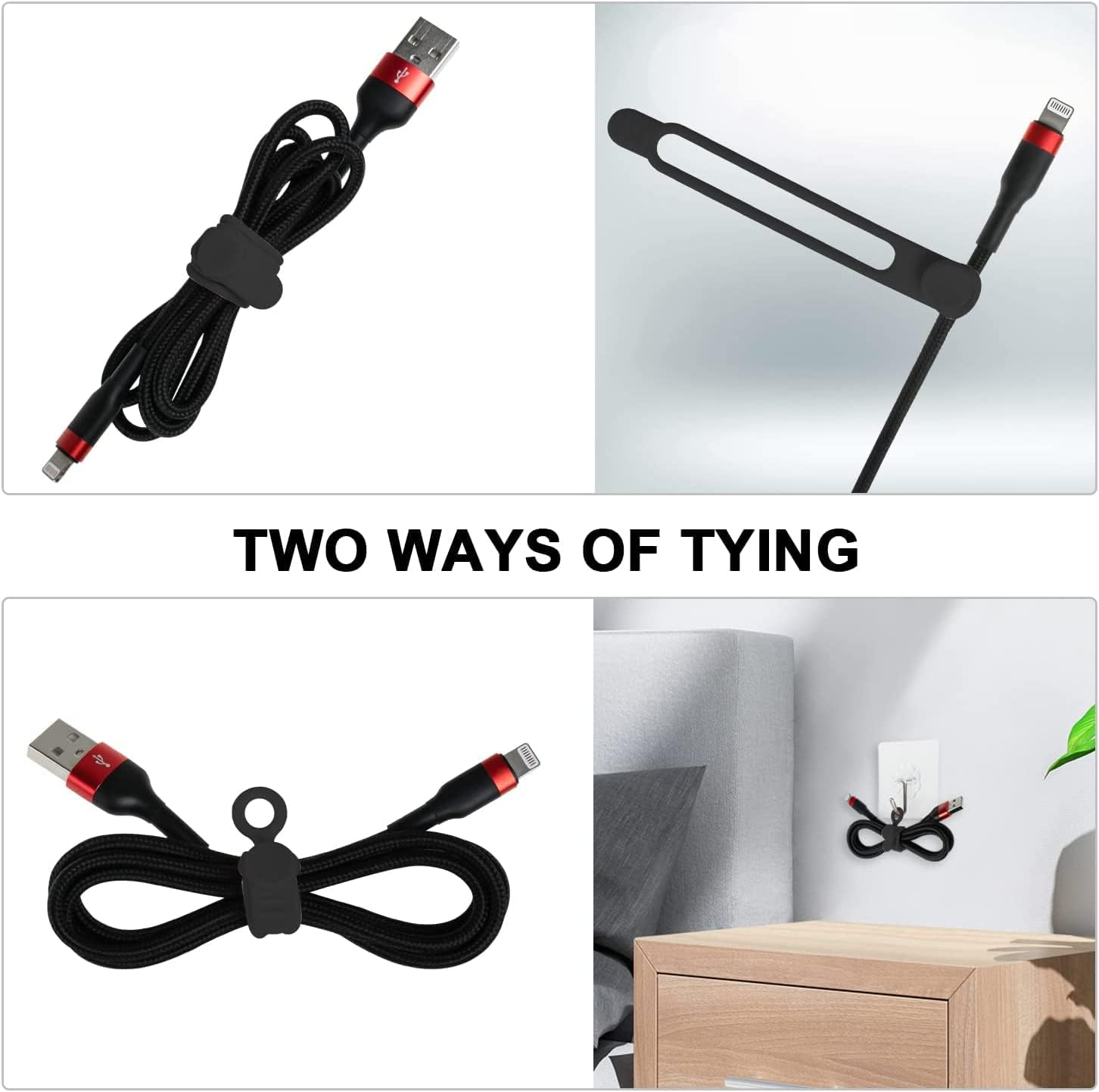 Cable Ties, Silicone Cable Straps Wire Organiser for Earphone, Phone Charger, Mouse, Audio, Computer, Reusable Fastening Cable Ties Cord Organizer in Home, Office, Kitchen, School(Black), Pack of 10 image number 6