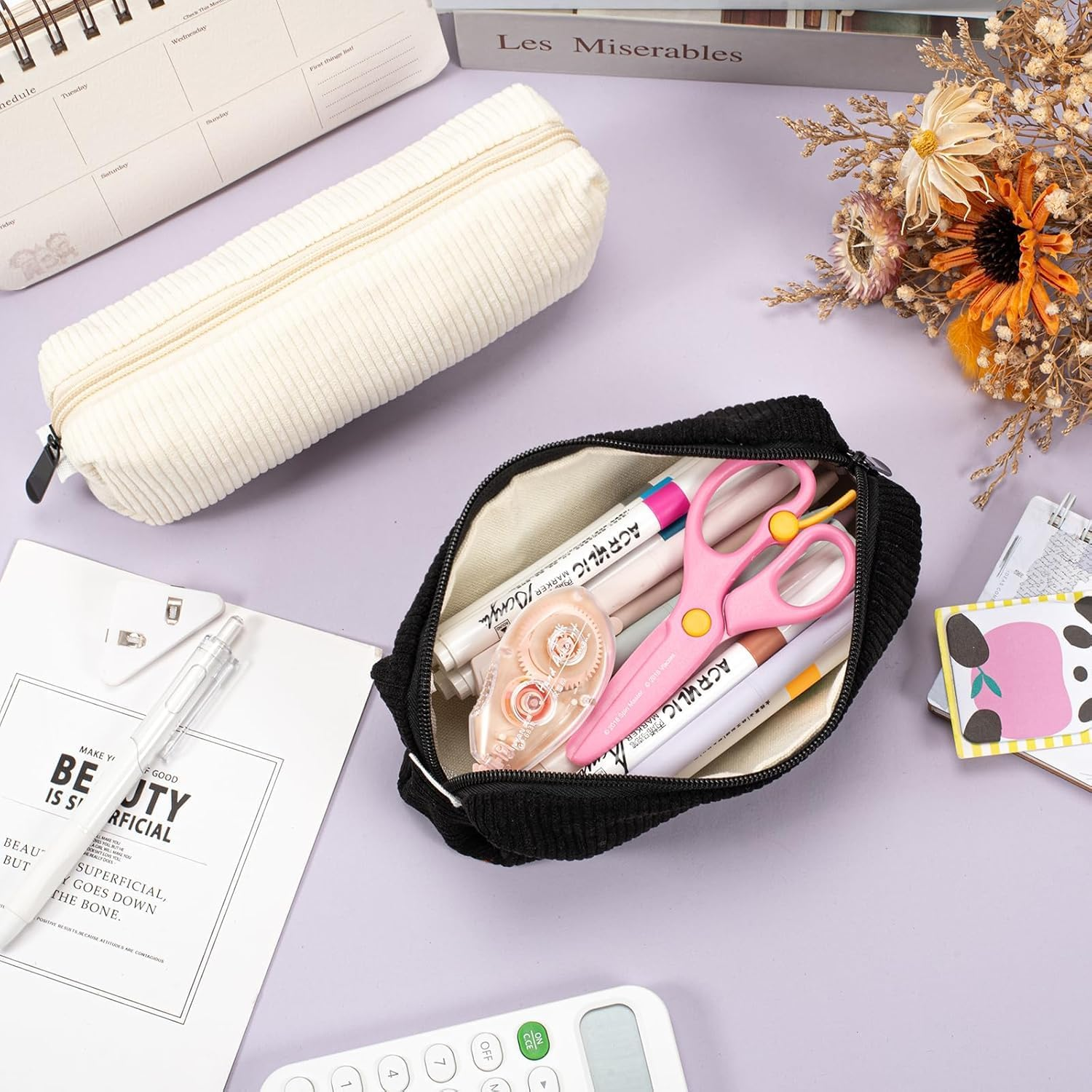 Pencil Case,Small Portable Corduroyfabric Pen Holder Storage Bag for Home School Office,Makeup Pouch Cosmetic Bag Office Stationery Organizer for Girls Boys Kids Adult (Black) image number 1