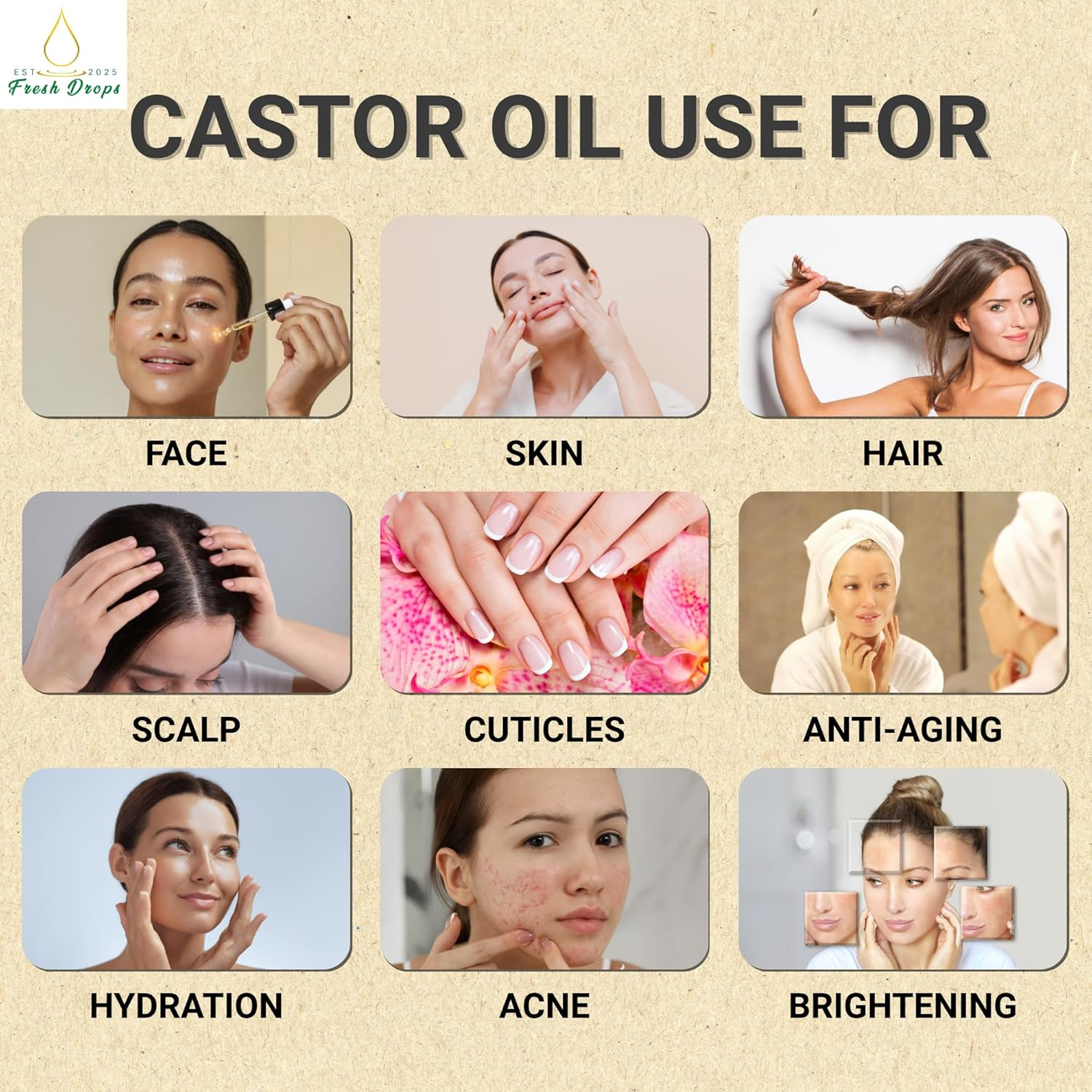 Fresh Drops USDA Organic Castor Oil 250Ml, Pure Cold Pressed, Hexane Free, Fresh Drops - Stimulate Growth for Eyelashes, Eyebrows, and Hair, Smooth Face, and Skin image number 1