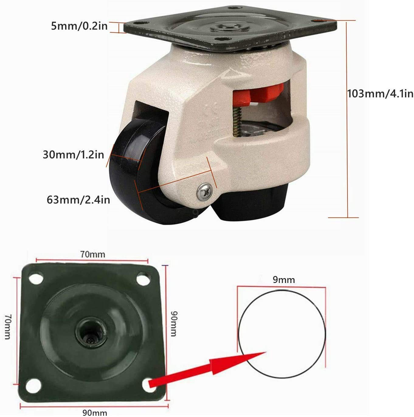 Lehom Leveling Casters Wheels 4 Pack Industrial Machine Swivel Caster Wheels 80F Heavy Duty Plate Mounted Leveling Machine Retractable Workbench Nylon Wheel Rubber Foot image number 1
