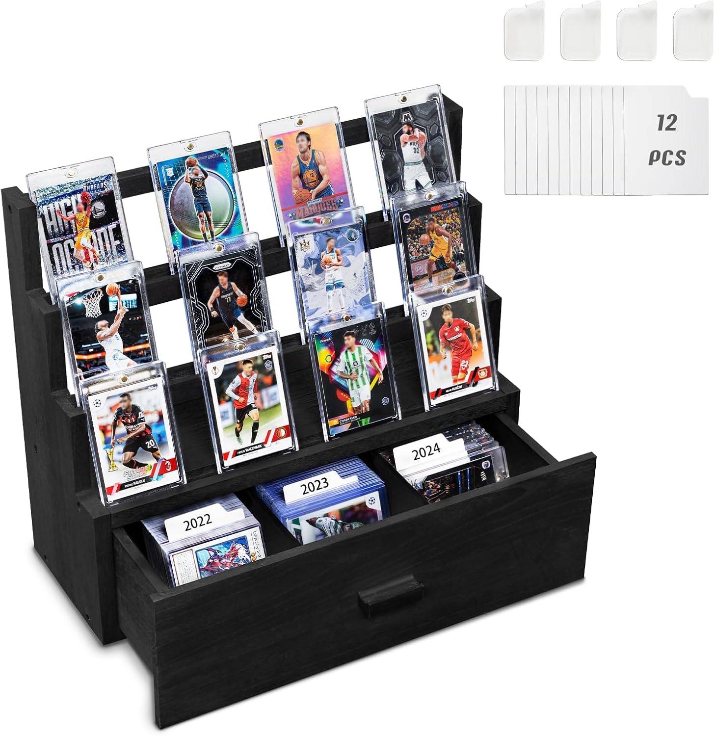 Trading Card Display, 3-Tier Trading Card Storage with Custom Drawer, Wood Graded Cards Display with Supporters and Dividers (Black) image number 1