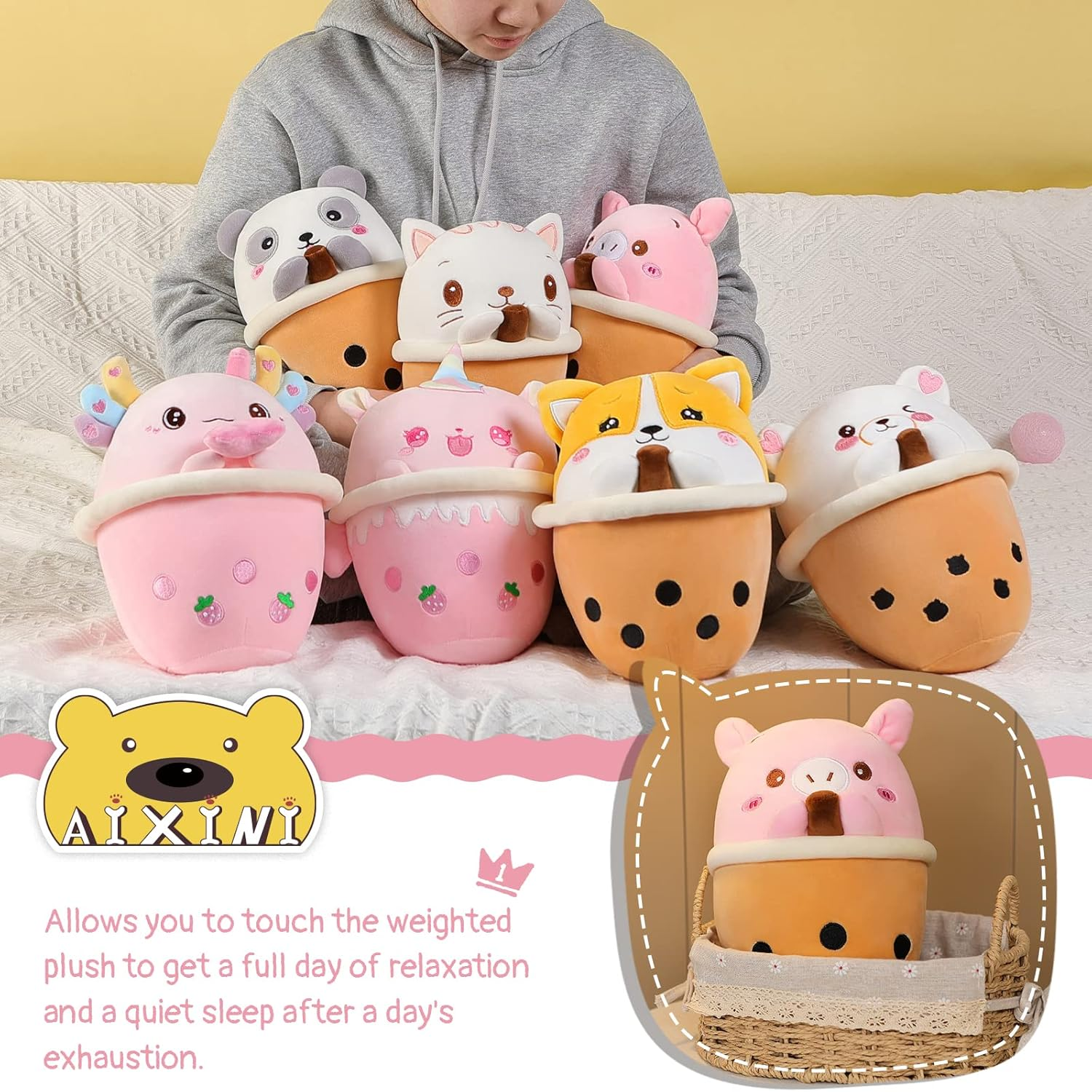 AIXINI 10 Inch Cute Pig Boba Plush Stuffed Squishy Animal Bubble Tea Pillow,Super Soft Cartoon Hugging Toy Gifts for Bedding, Kids Sleeping Kawaii Pillow image number 3