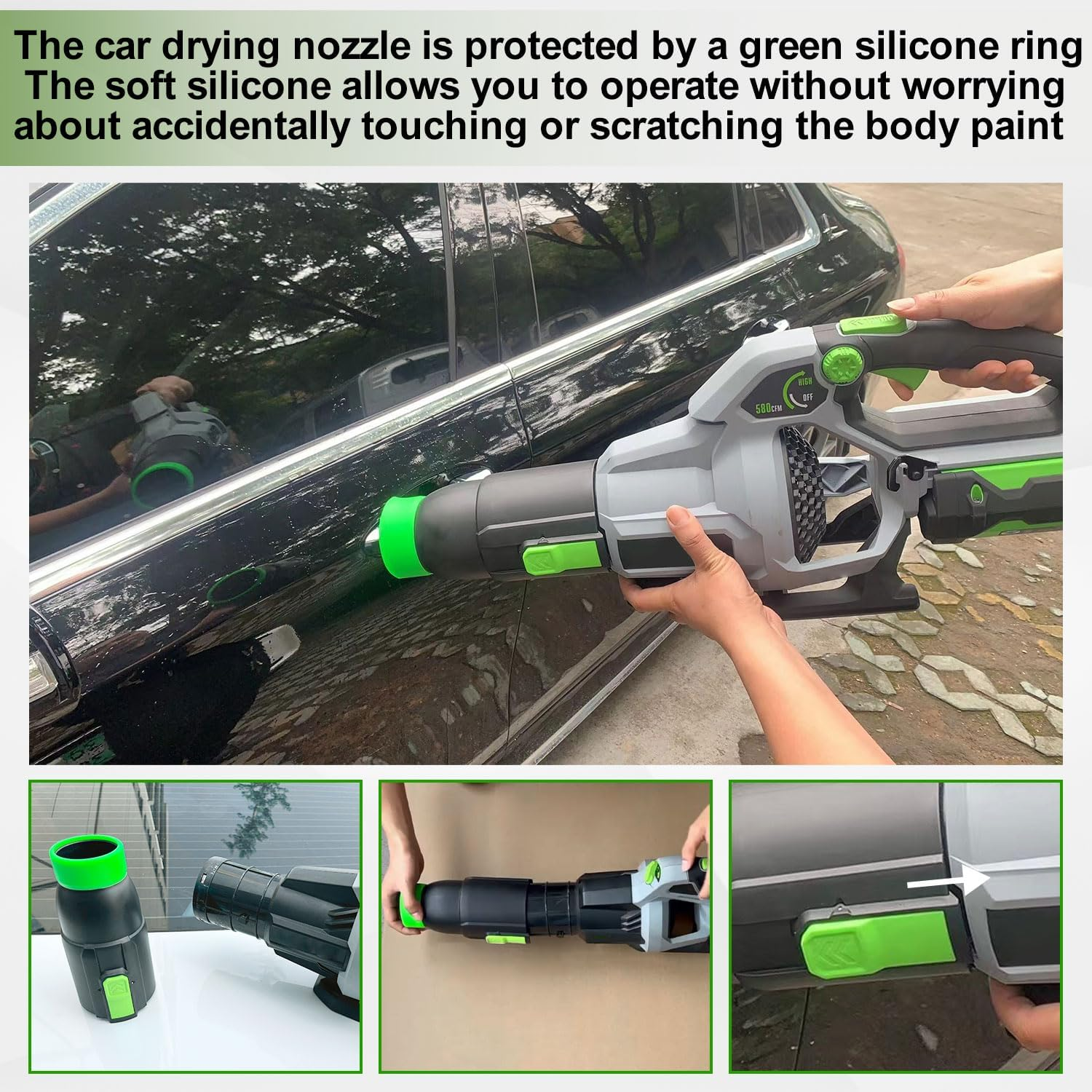 Car Drying Nozzle for EGO Power+ Leaf Blowers 530 575 580 615 650 765, Contain 1 Blower Wall Mount & 2 Mounts Battery Holders & Install Screw & Green Soft Silicone Band - 8 Inch image number 6