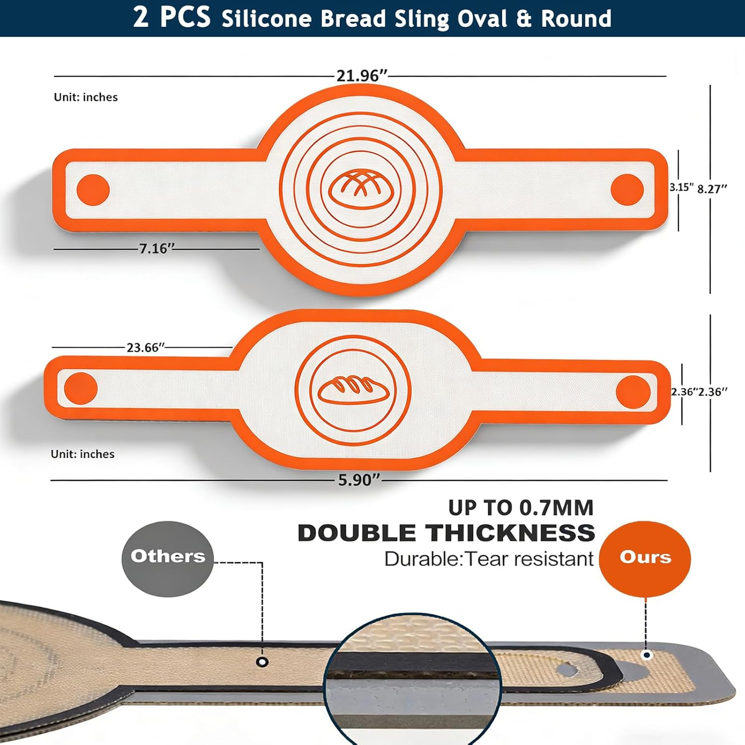 Silicone Bread Sling Oval and round for Dutch Oven, KITMAL Non Stick Reusable Silicone Baking Mat with Long Handles Sourdough Bread Baking Supplies and Making Tools, Orange - Gray image number 3