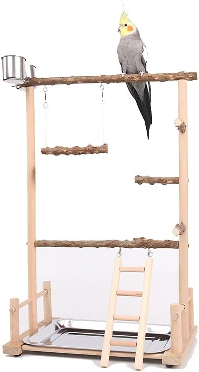 Bird Play Stand, Wooden Bird Playground for Parrots, Parakeet, Cockatiel, Lovebirds, Conures, Budgie, Cockatoos (14.57 * 10.24 * 17.32IN)