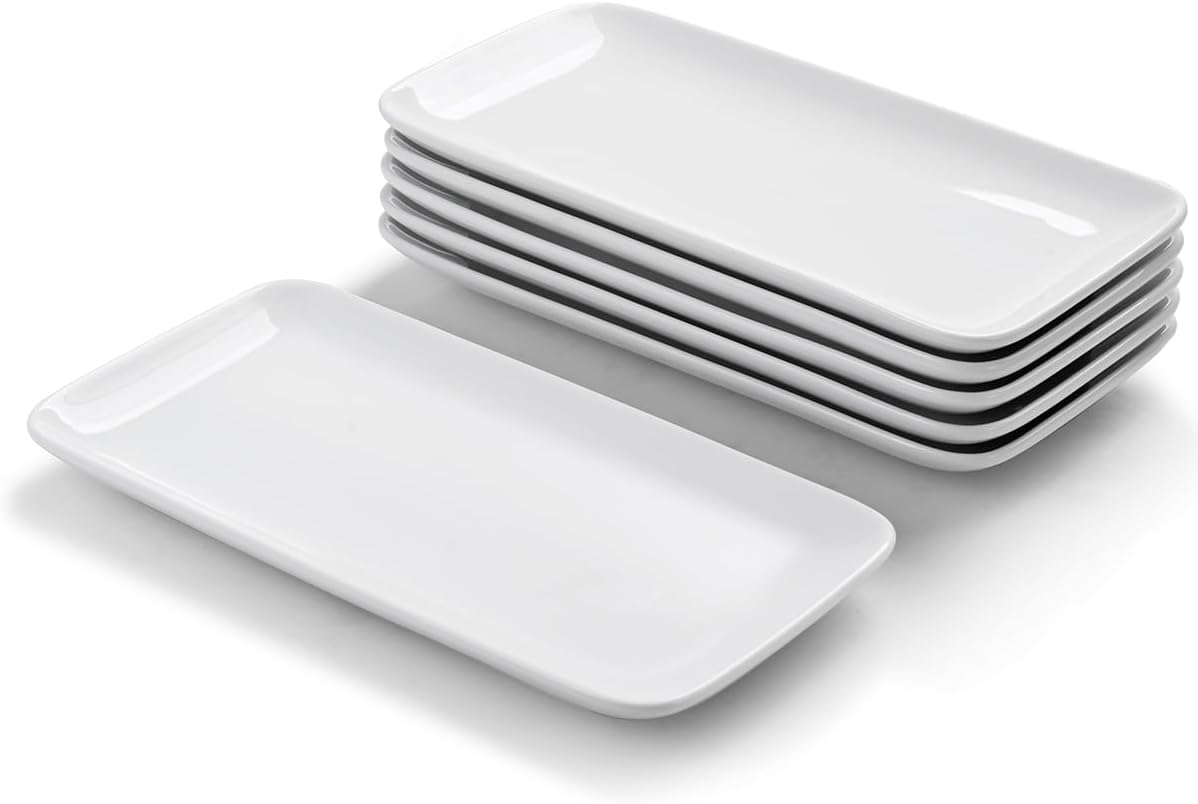 Ceramic Rectangle Plates Set of 6, White Serving Platters, 23.5 Cm Small Serving Plates, Porcelain Party Plates for Appetizer, Dessert, Salad, Sushi, Snack, Cake image number 5