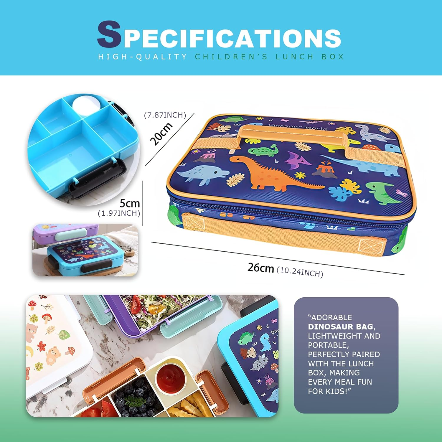 STRONGBERRY Kids Lunch Box, Healthy and Microwave - Safe, Dinosaur Parade, Purple Unicorn, Brown Bear Designs (Blue Dinosaur& Bag) image number 3