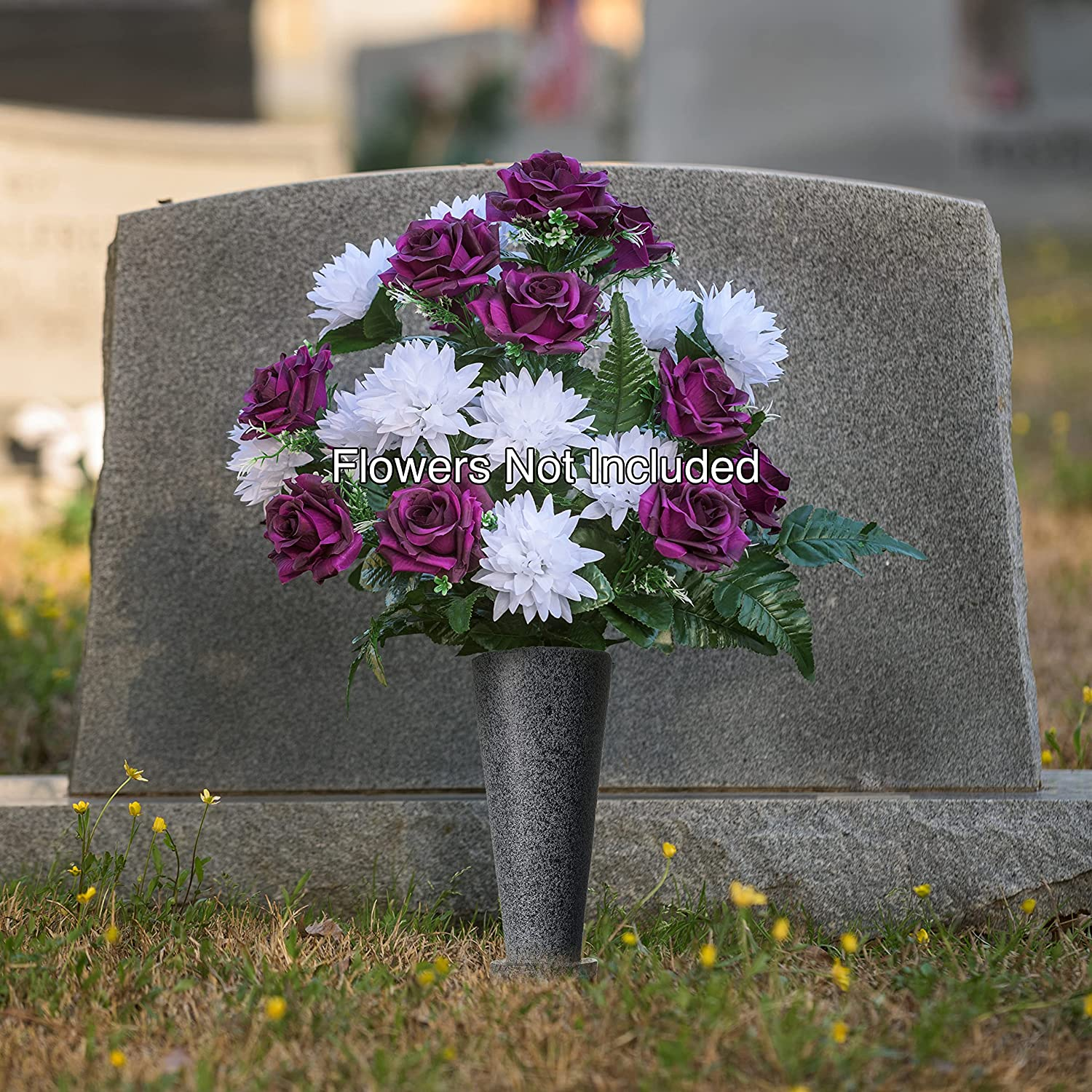 Cemetery Vase with Stakes-Plastic Flower Vases with 2 Ground Spikes, Draining Holes - for Garden, Lawn, Yard - Memorial Grave Decorations 12.7X3.4.X3.9, Black Granite Design