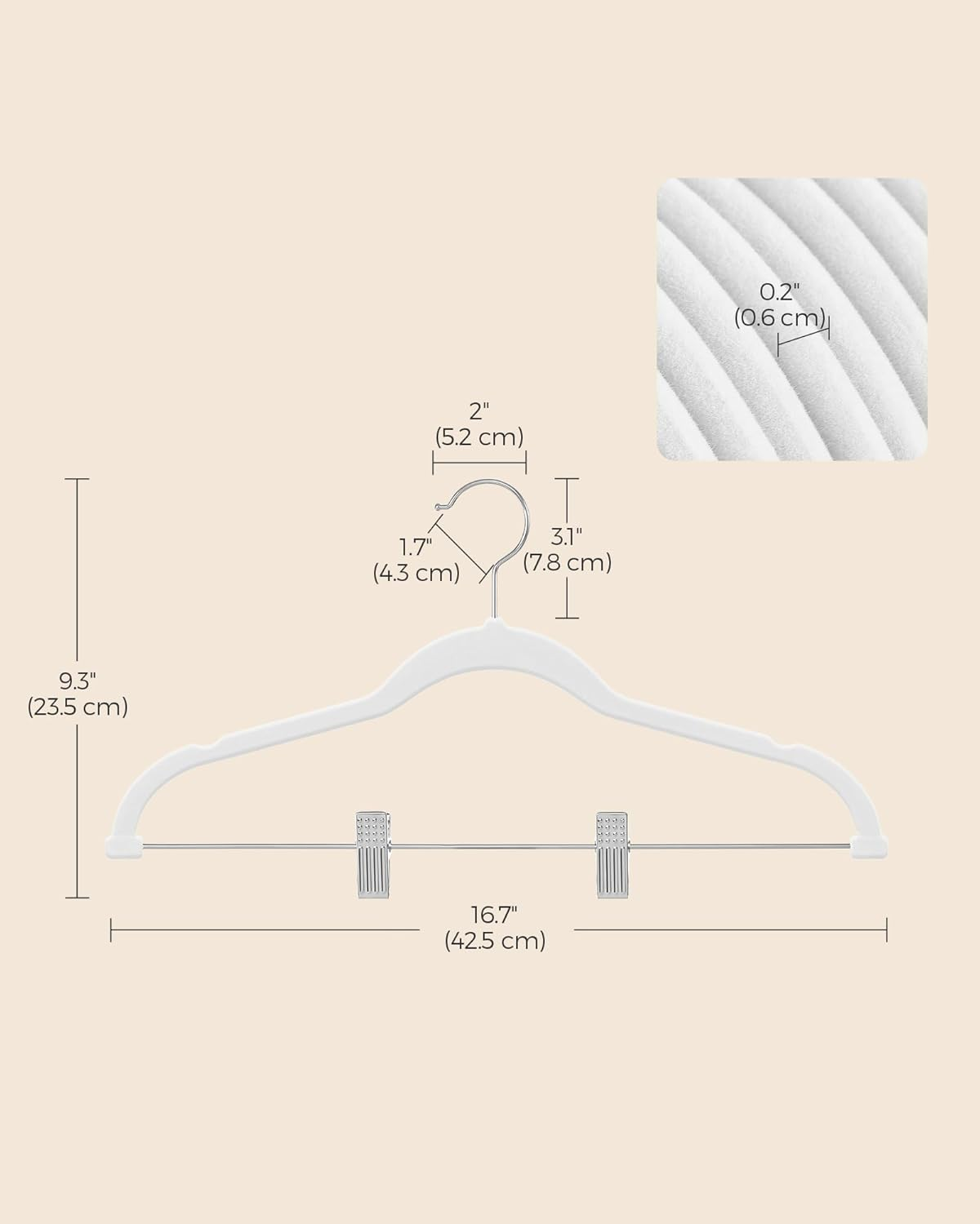 SONGMICS 50-Pack Pants Hangers, 16.7-Inch Long Velvet Hangers with Adjustable Clips, Heavy-Duty, Non-Slip Skirt Hangers, Space-Saving for Pants, Skirts, Coats, Dresses, White UCRF012W50 image number 6