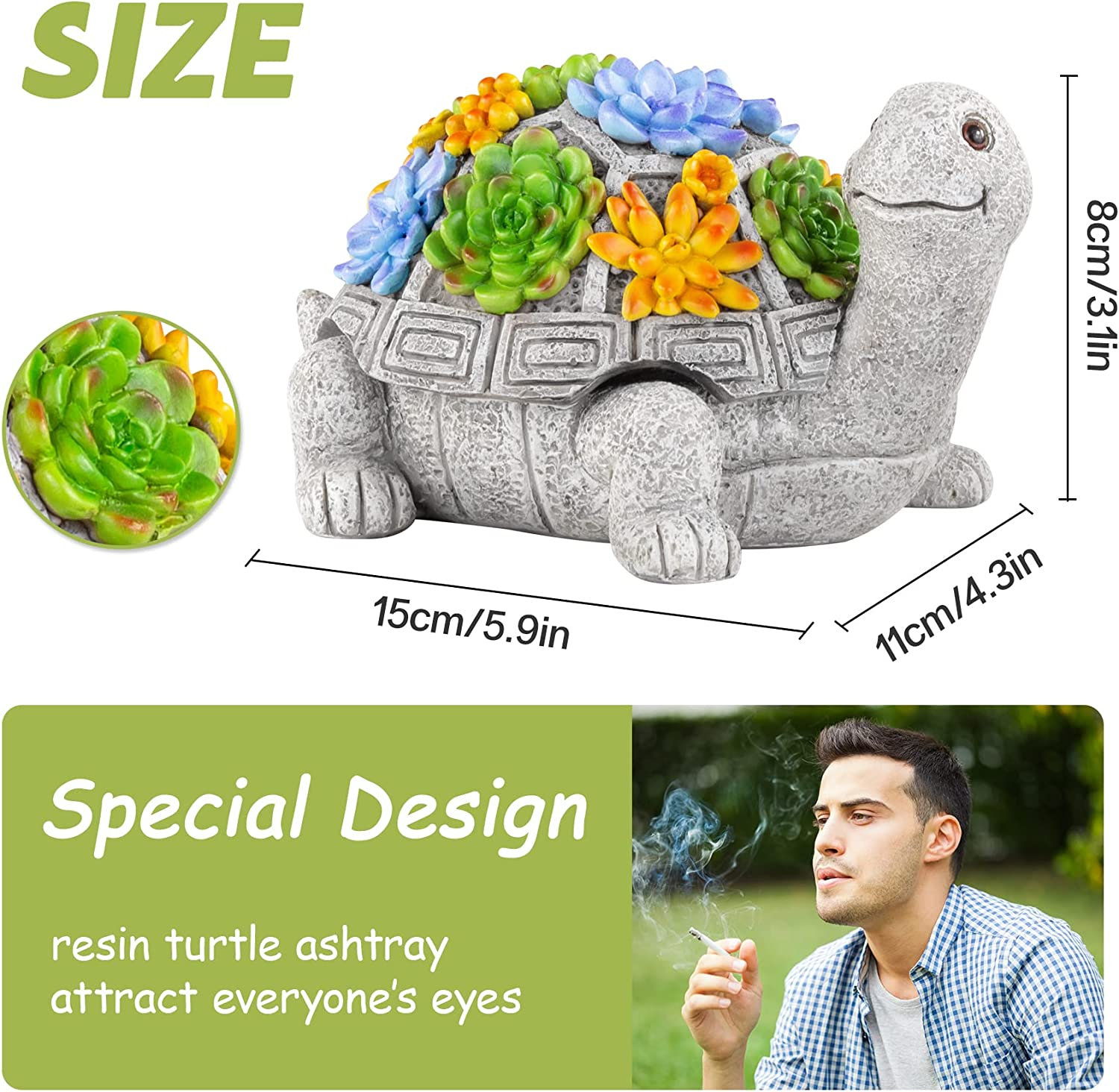 LESES Ashtray, Outdoor Ashtray with Lid Smokeless Waterproof Ash Tray with Cute Turtle Decor, Resin Ashtray for Cigarettes Home Office, Porch Patio Decorations Outdoor Indoor Ashtray image number 3