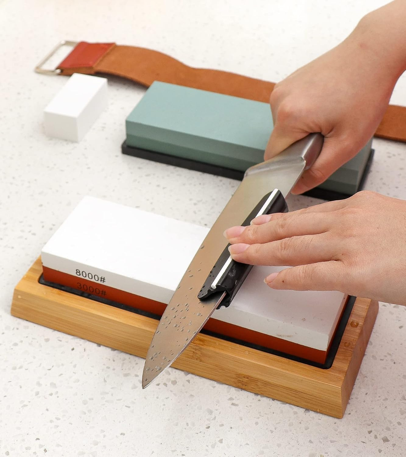 Knife Sharpening Stone with Non-Slip Rubber Base, 400/1000+3000/8000 Grit Premium Whetstone, Sharpening Stone Whetstone Set Kitchen Knife Sharpener Stone Wet Stones for Sharping(Nd-Z565-8) image number 6