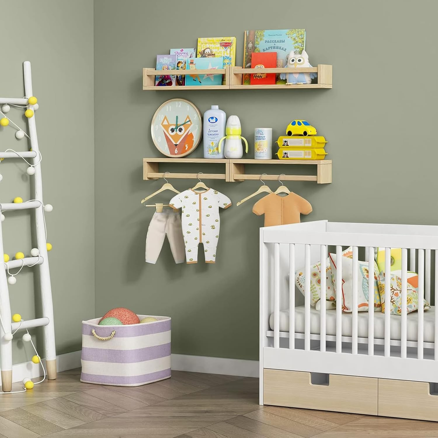 4-Pack Natural Wood Pine Wall-Mounted Kids Bookshelf, Minimalist Style, Versatile & Space Saving image number 4