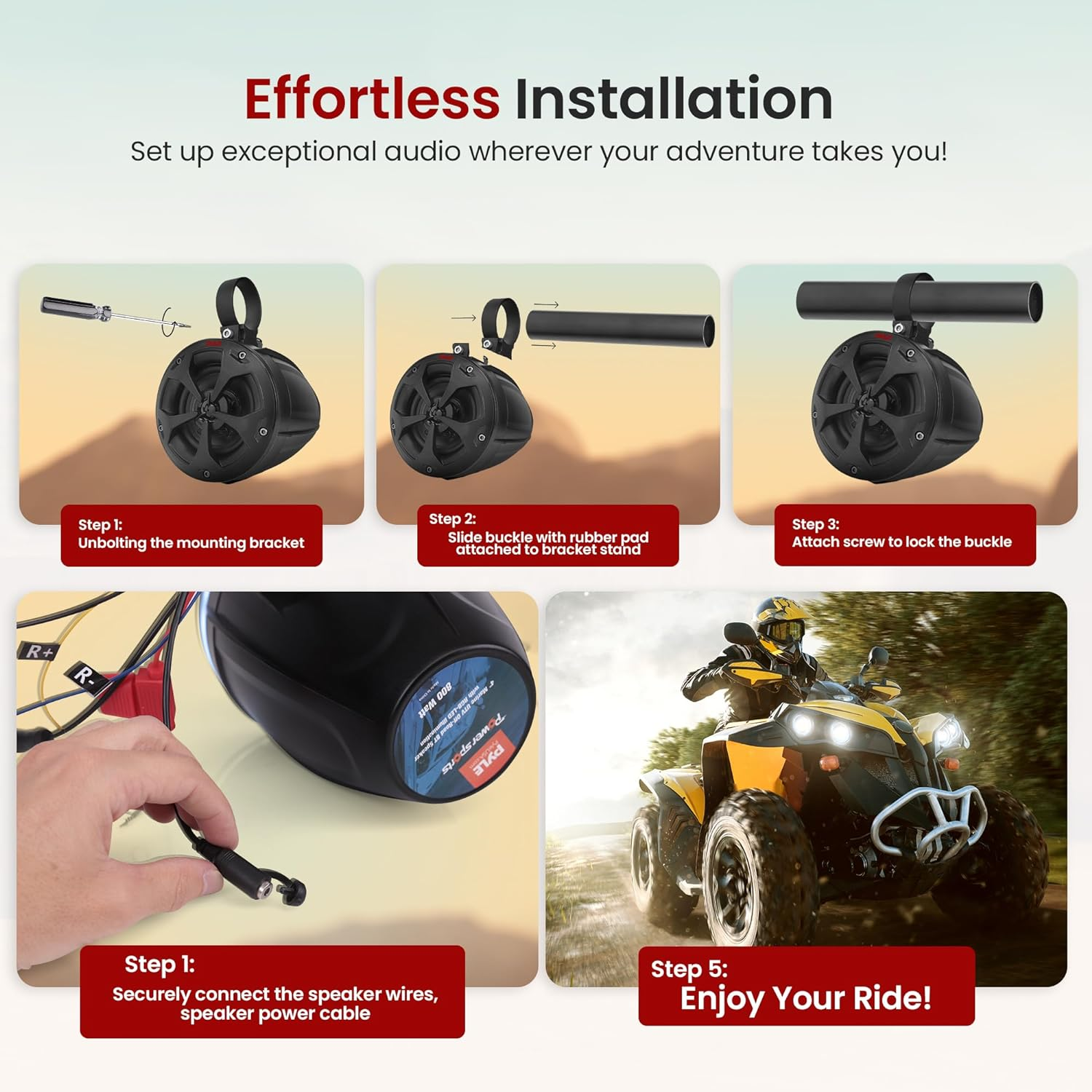 Pyle 2-Way Dual Waterproof Off-Road Speakers - 4 Inch 800 Watt Marine Grade Wakeboard Tower Speakers System, Full Range Outdoor Audio Stereo Speaker for ATV, UTV, Quad, Jeep, Boat - PLUTV41BK (Black) image number 4