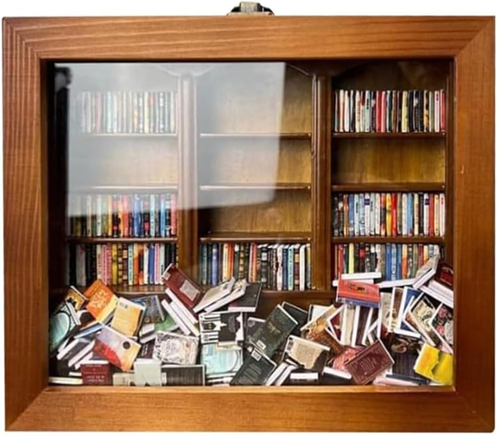 Shake Away Your Anxiety Bookshelf &ndash; Miniature Wooden Display Shelf with 200 Tiny Book Models, Anti-Anxiety Stress Reliever for Book Lovers, Unique Desk Decor for Home or Office image number 4