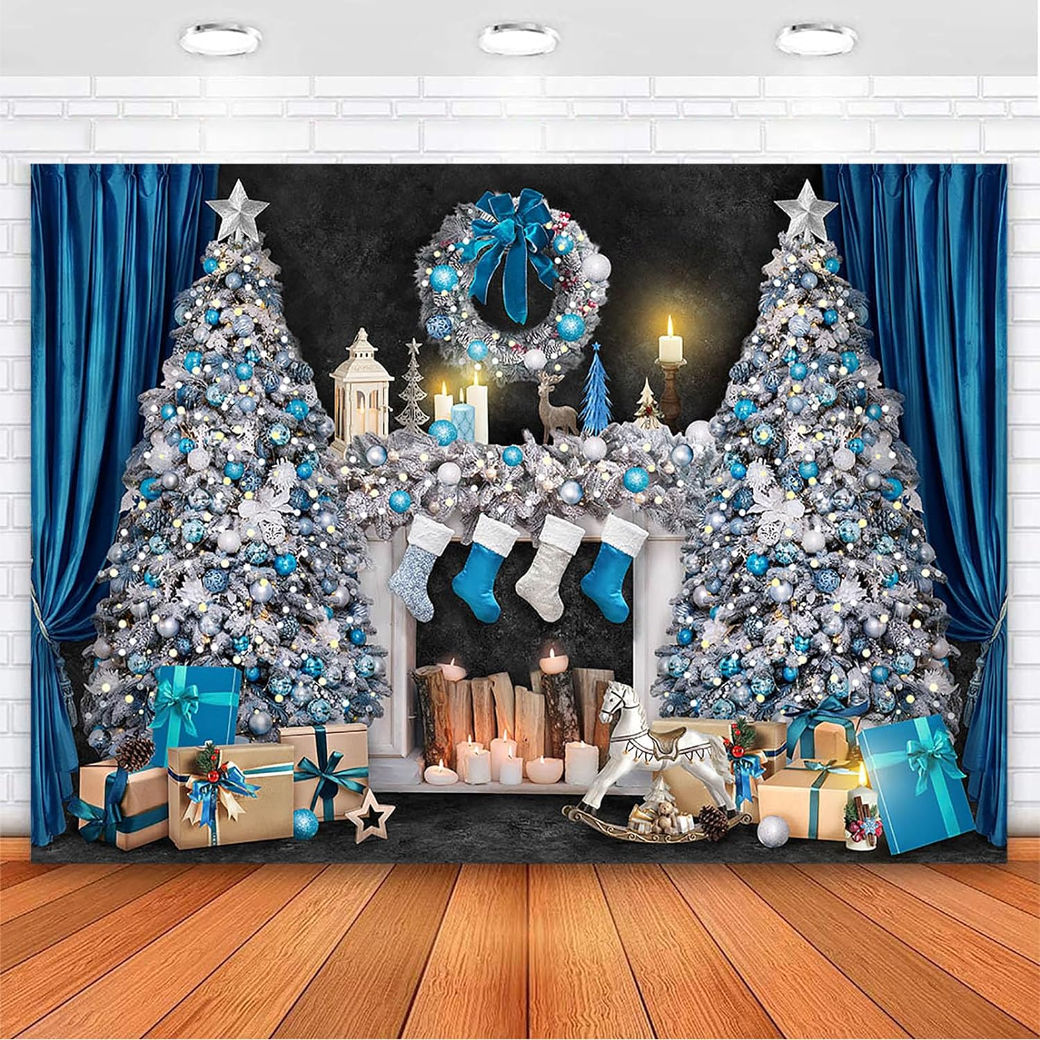 Avezano 10X7Ft Christmas Fireplace Backdrop Blue Christmas Tree Background for Photography Vintage Xmas Night Photobooth Party Decoration image number 6