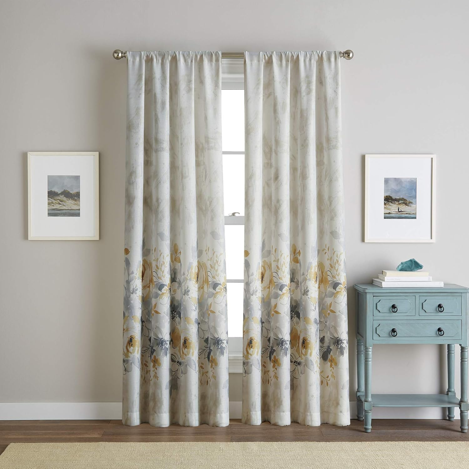 CHF Watercolor Floral Print Flip over Rod Pocket Single Curtain Panel, 95 In, Gold
