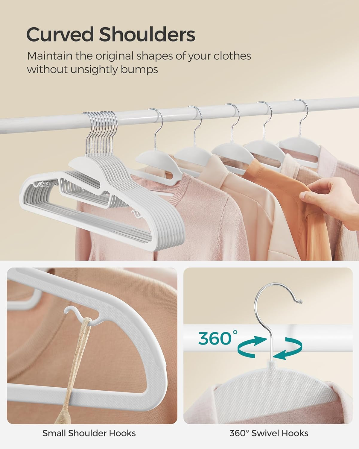 SONGMICS 50 Pack Coat Hangers, Heavy-Duty Plastic Suit Hangers, S-Shaped Opening, Space-Saving, 360&ordm; Swivel Hook, 16.3 Inches Wide, Cloud White UCRP41W50 image number 2
