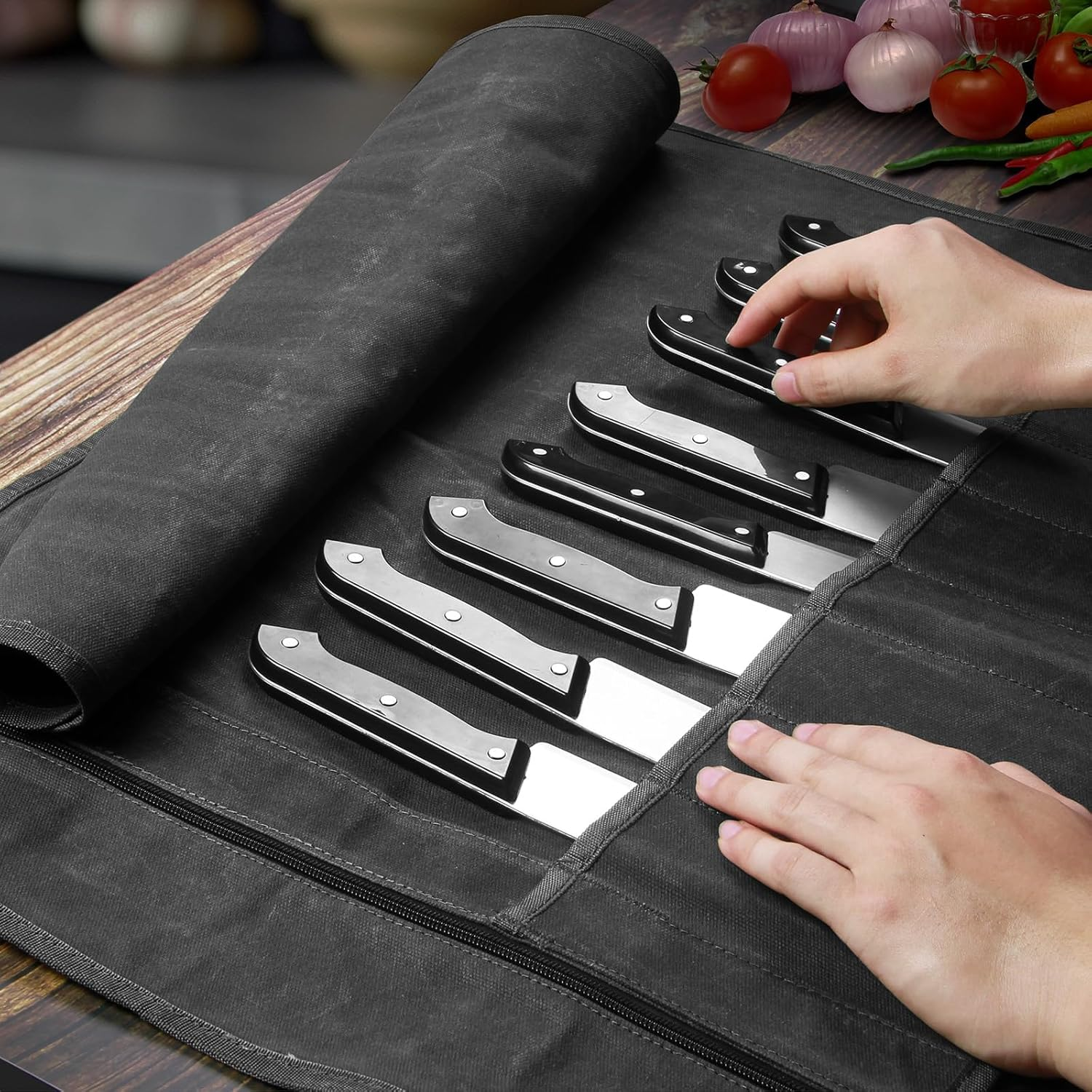 Chef'S Knife Roll Bag - Heavy Duty Waxed Canvas with 11 Slots (10+1 Zipper Pocket), Portable Kitchen Knives Bag for Home/Camping, Waterproof & Shoulder Strap Included (Black) image number 2