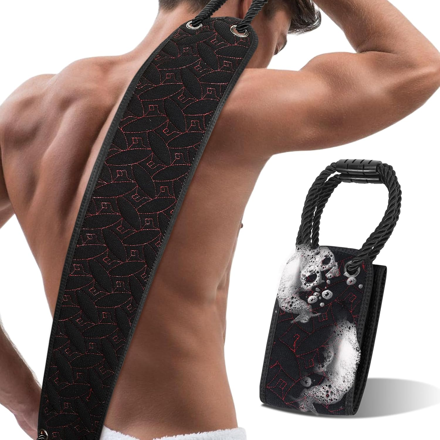 Exfoliating Back Scrubber for Use in Shower, 38.5 Inch Back Washer with Handles, Dual-Sided Body Exfoliator for Daily & Deep Skin Cleaning, Bath Back Scrub Washcloth for Men & Women (Black)