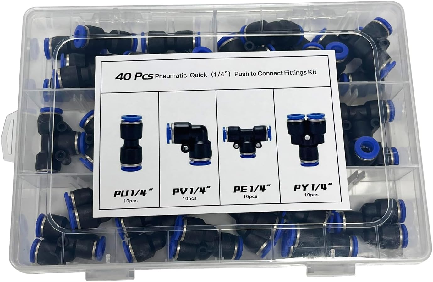 Pneumatic Push to Connect Fittings Kit, 40 Pieces, 6Mm/8Mm/1/4, Assorted Connectors (1/4" OD Package) image number 4