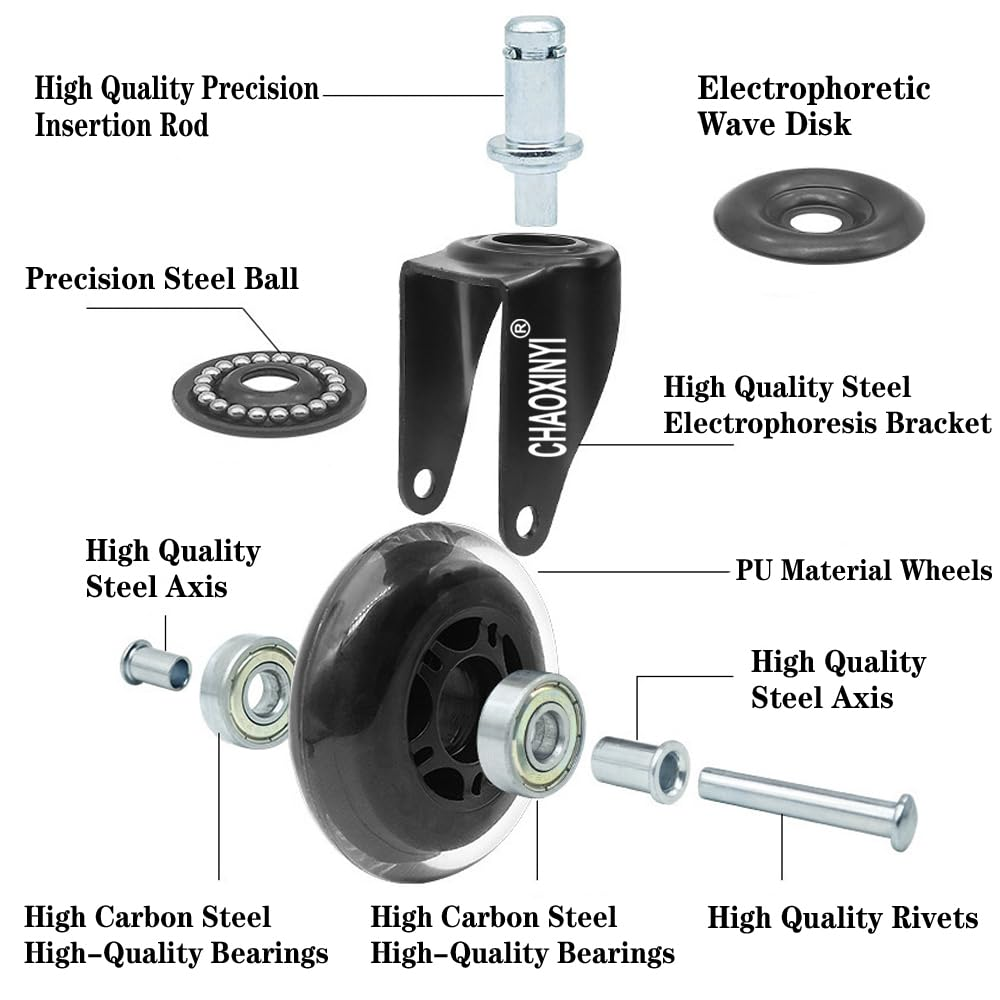 Office Chair Wheels (Set of 5) &ndash; 3" Heavy-Duty Replacement Casters for Hardwood & Carpet &ndash; Silent Rollerblade Wheels, 7/16" X 7/8" Stem, Black &ndash; Universal Fit for Ergonomic Chairs (Black A) image number 2