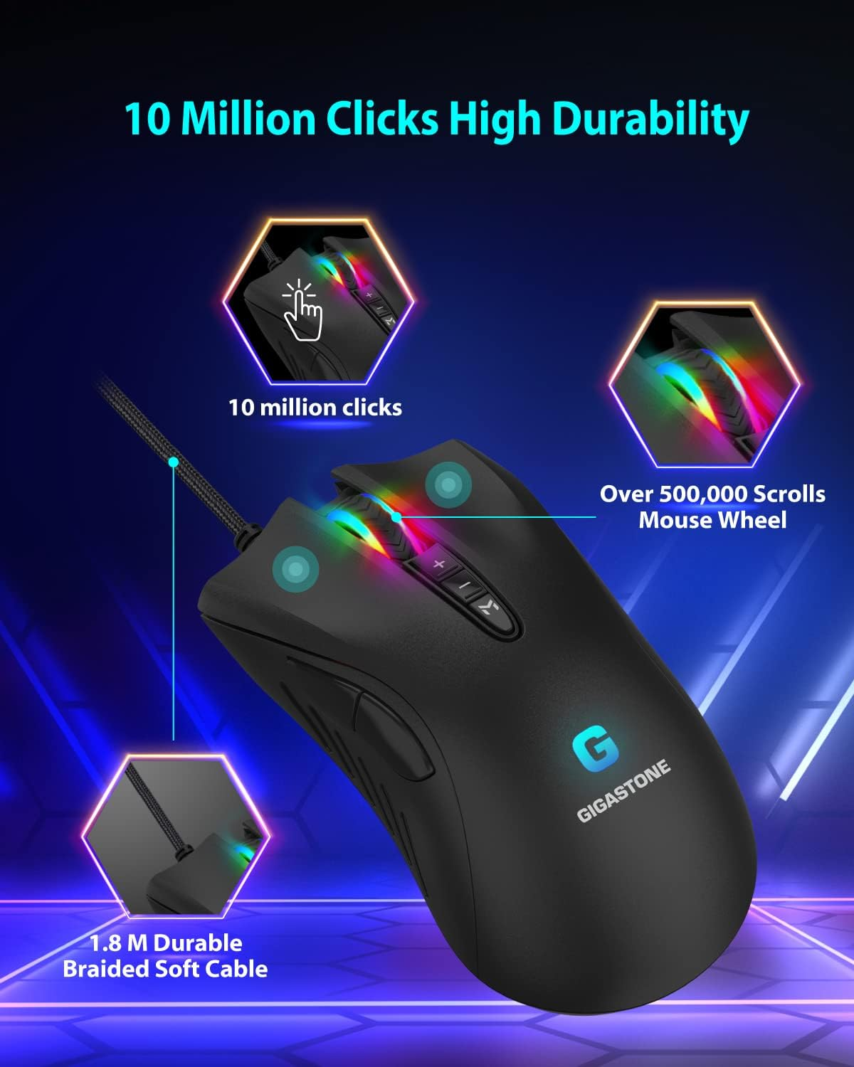Gigastone Gaming Mouse up to 3200 DPI Adjustable, Wired Gaming Mouse with Customizable RGB Backlight, 8 Programmable Buttons, 256KB Onboard Memory, Most Suitable for Windows 7 and Up image number 2