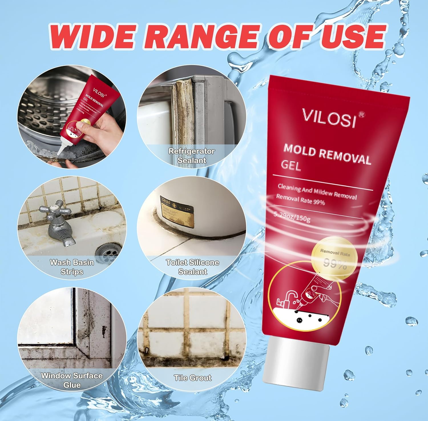 VILOSI Washing Machine Cleaning Gel, 300Ml/10.6Oz Black Stain Remover Gel for Bathroom Shower Grout, Front Loader Washing Machine Seal, Refrigerator Strips, Tile & Silicone Surfaces (300, Grams) image number 4