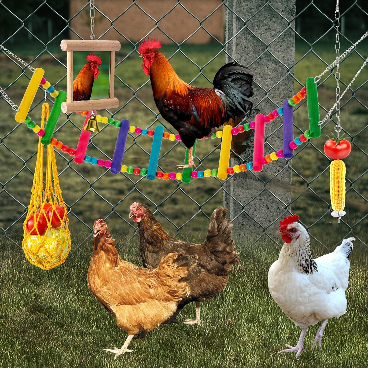 9Pcs Chicken Toys for Coop Accessories - Chicken Xylophone Toy, Chicken Mirror, Chicken Ladder Bridge, Coop Swing, Vegetable Hanging Chicken Feeder, Chewing Foraging Toys, Gifts for Hens