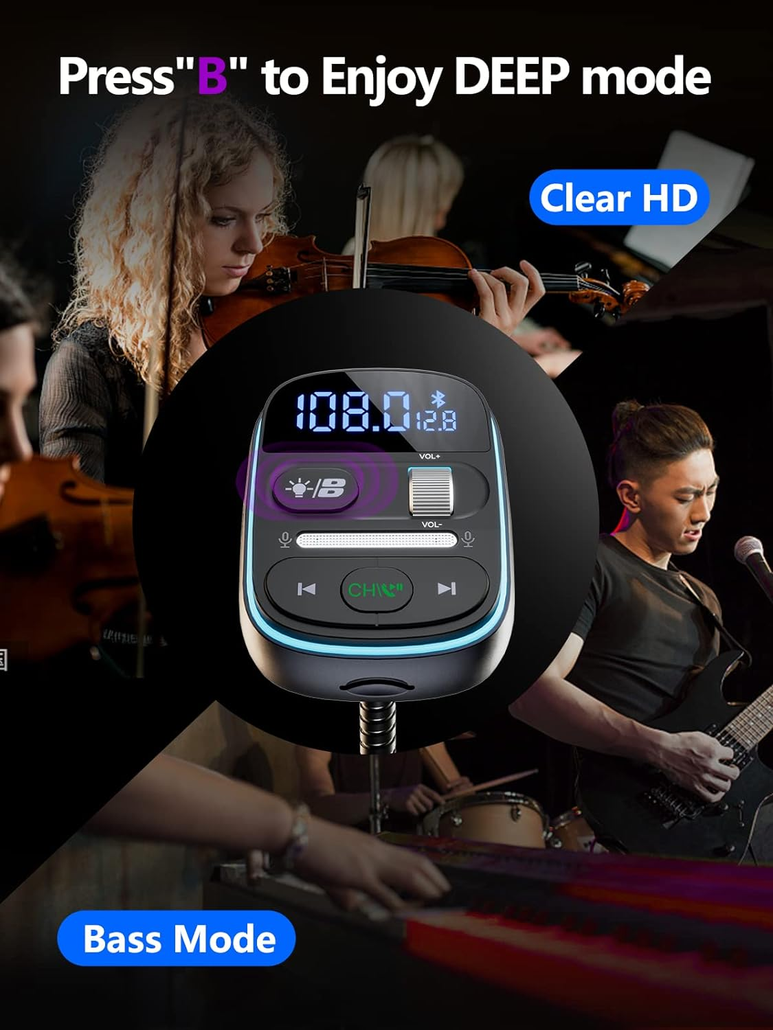 LENCENT PD 30W Bluetooth FM Transmitter,Bluetooth Car Adapter with QC3.0 Fast Charger,Hi-Fi Music/Clear Calling Car FM Bluetooth Adapter,【Color Light】 image number 3