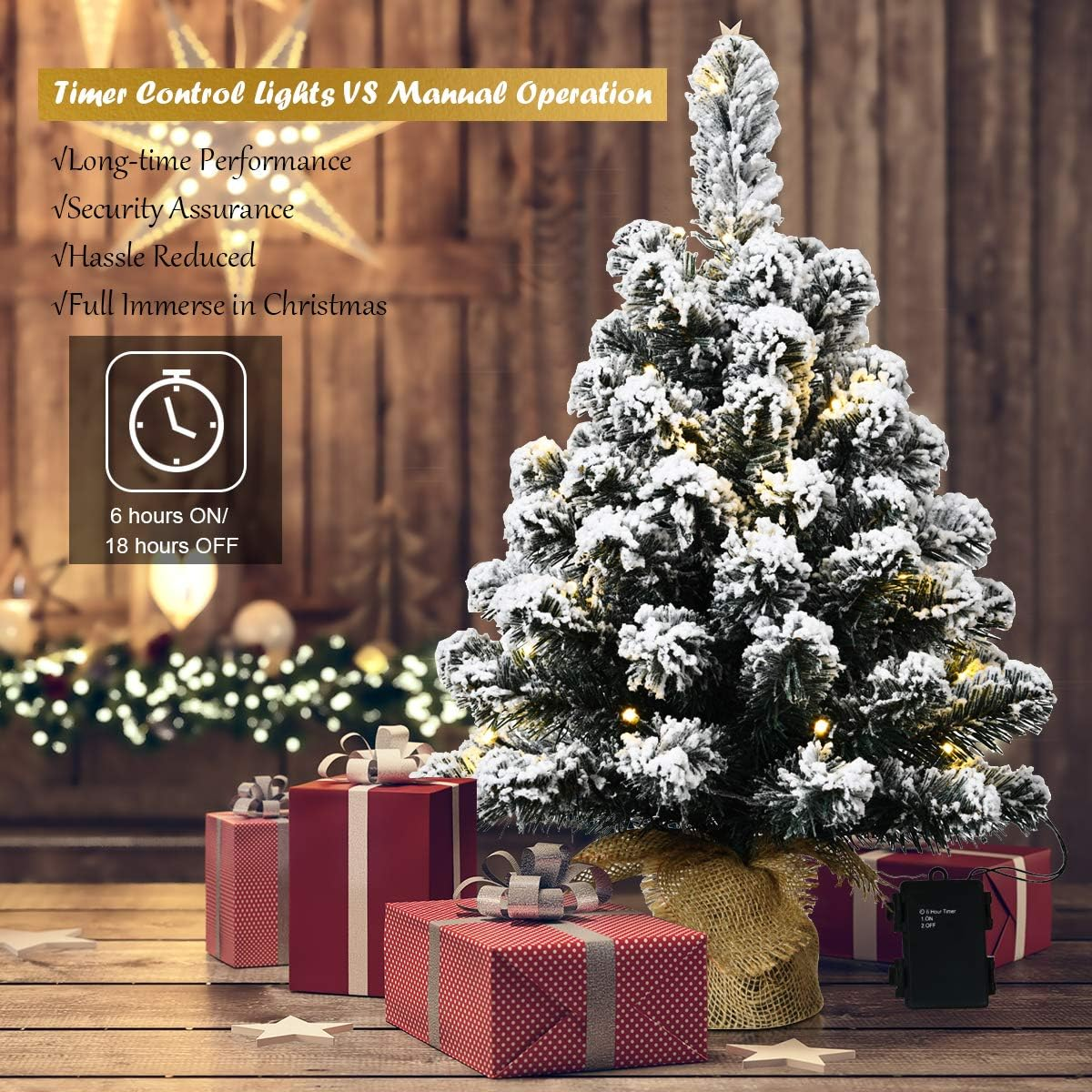 60CM Pre-Lit Snowy Christmas Tree, Mini Artificial Xmas Table Top Tree W/30 Warm White LED Lights, Battery Operated, 6 Hours Timer, Snow Flocked Tips, Potted Base W/Linen for Home, Office, Shop image number 3