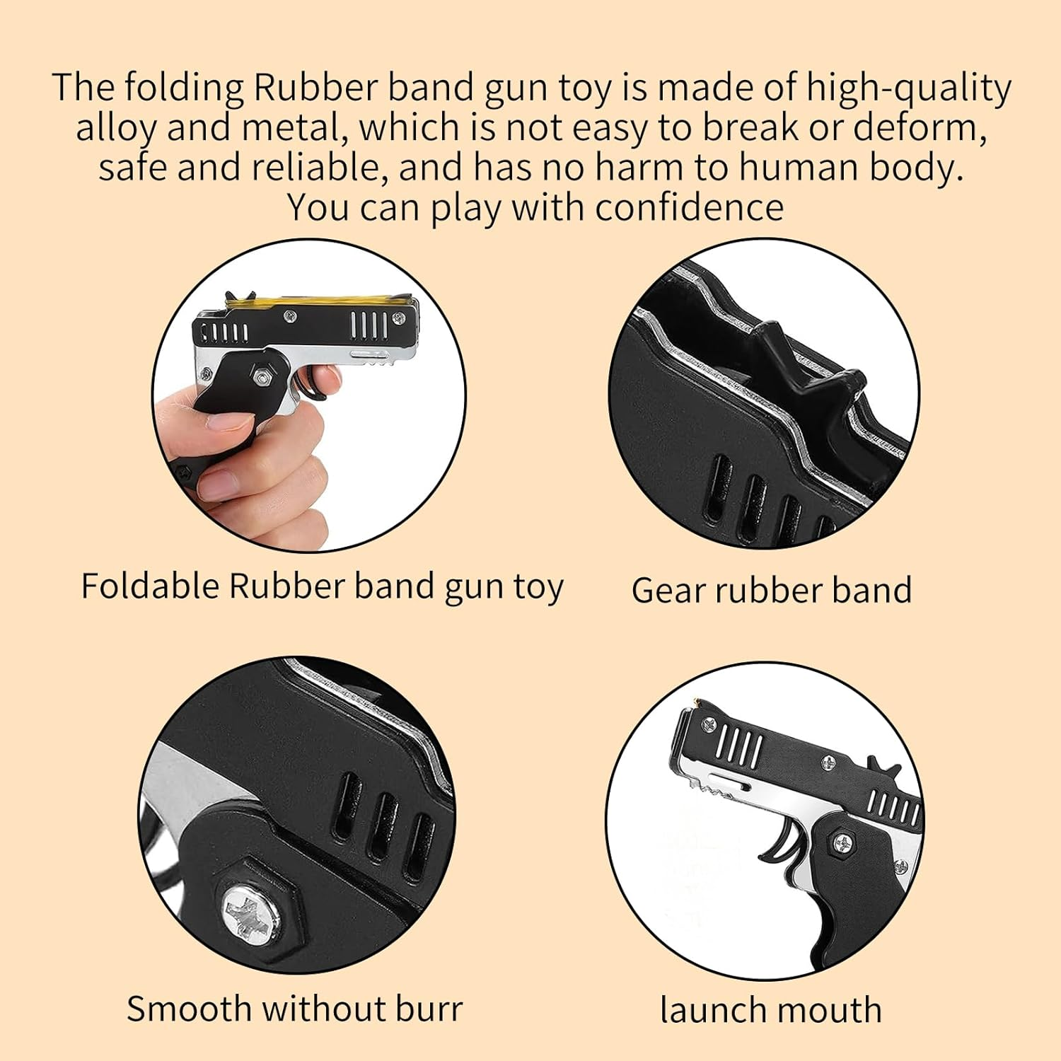 2Pcs Rubber Band Gun,Elastic Band Gun with 120 Pcs Soft Elastic Rubber Bands Metal Folding Rubber Launcher Toy Keychain for Teens Adults Shooting Outdoor Indoor Activities Game(Black) image number 2
