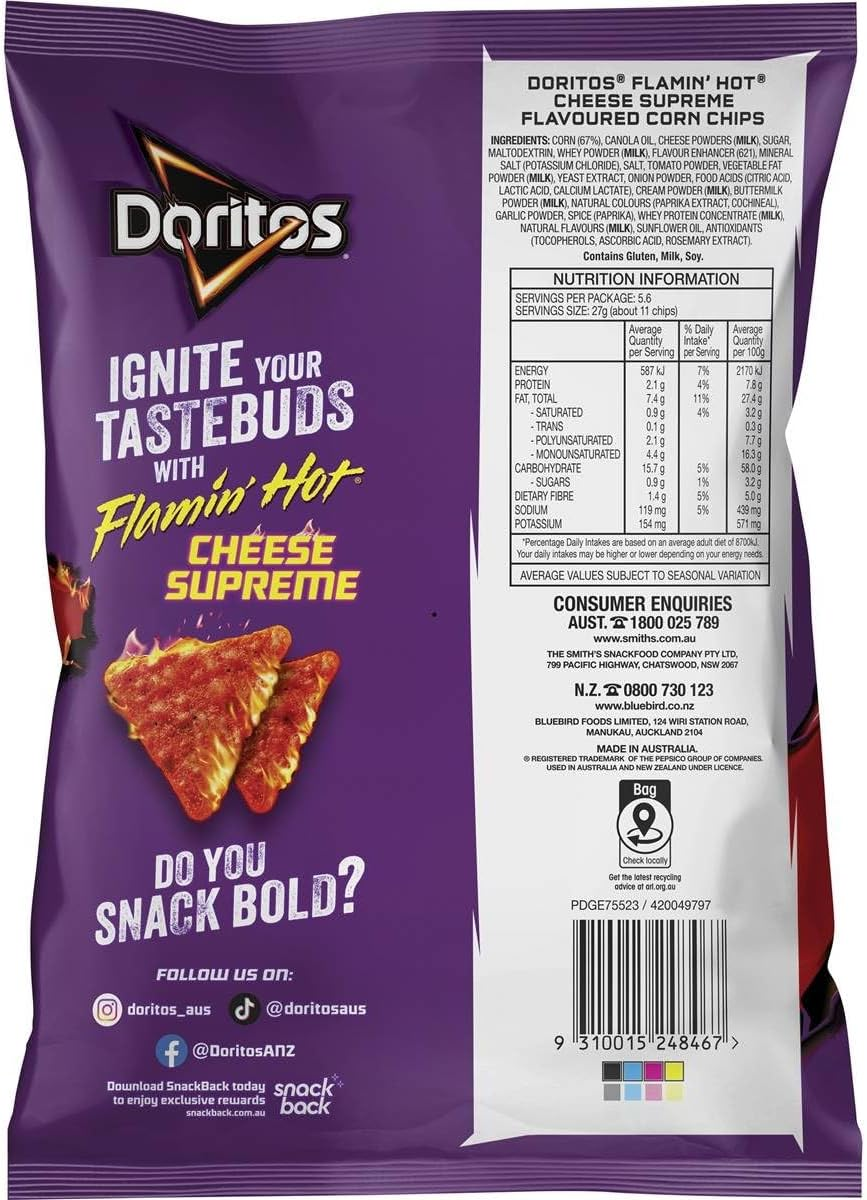 Doritos Corn Chips Share Pack Flaming Hot Cheese Supreme 150G image number 1