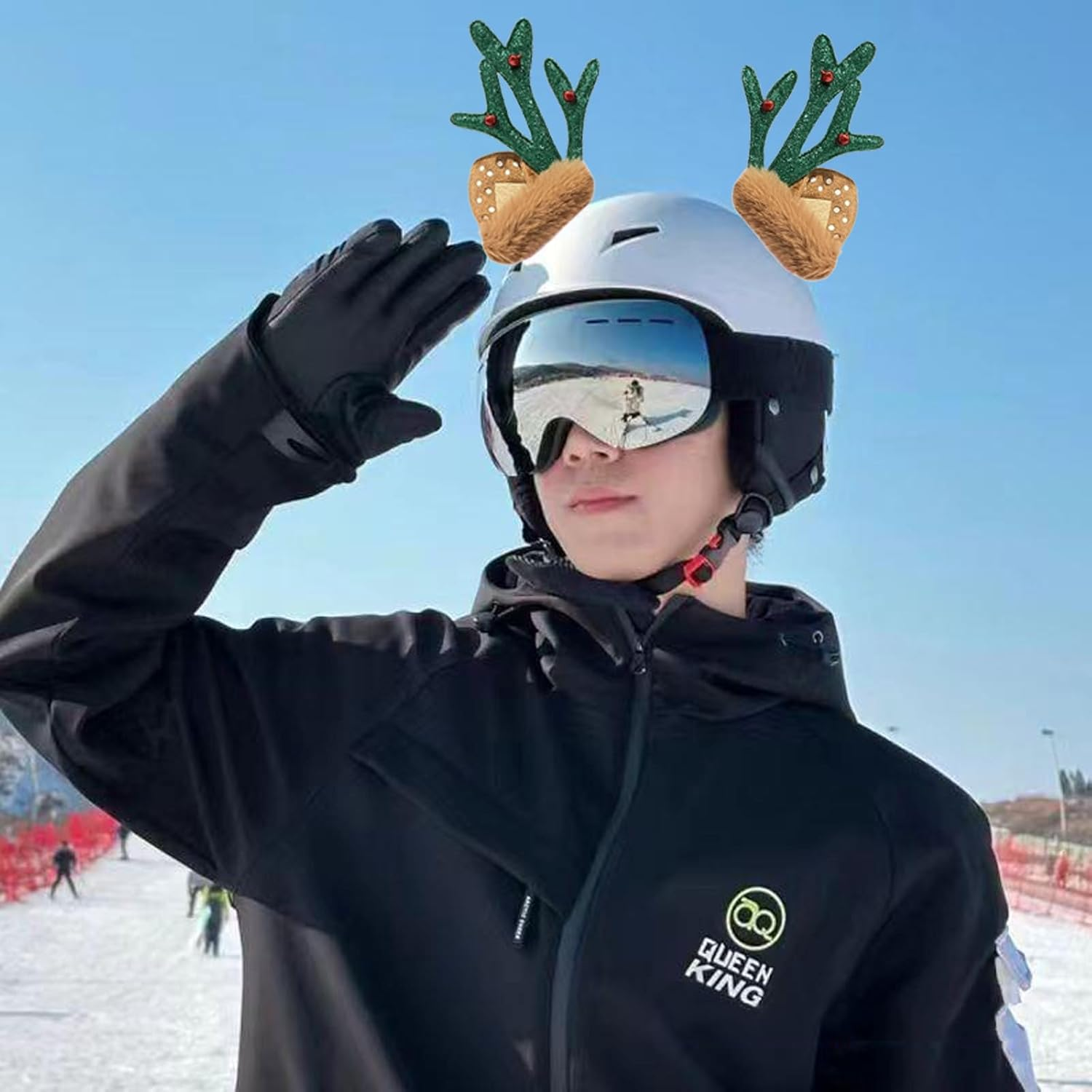 1 Pair Christmas Antler Motocycle Helmet Decor with Sticker Plush Fuzzy Cute Deer Ear Ski Helmet Accessory Decoration image number 1