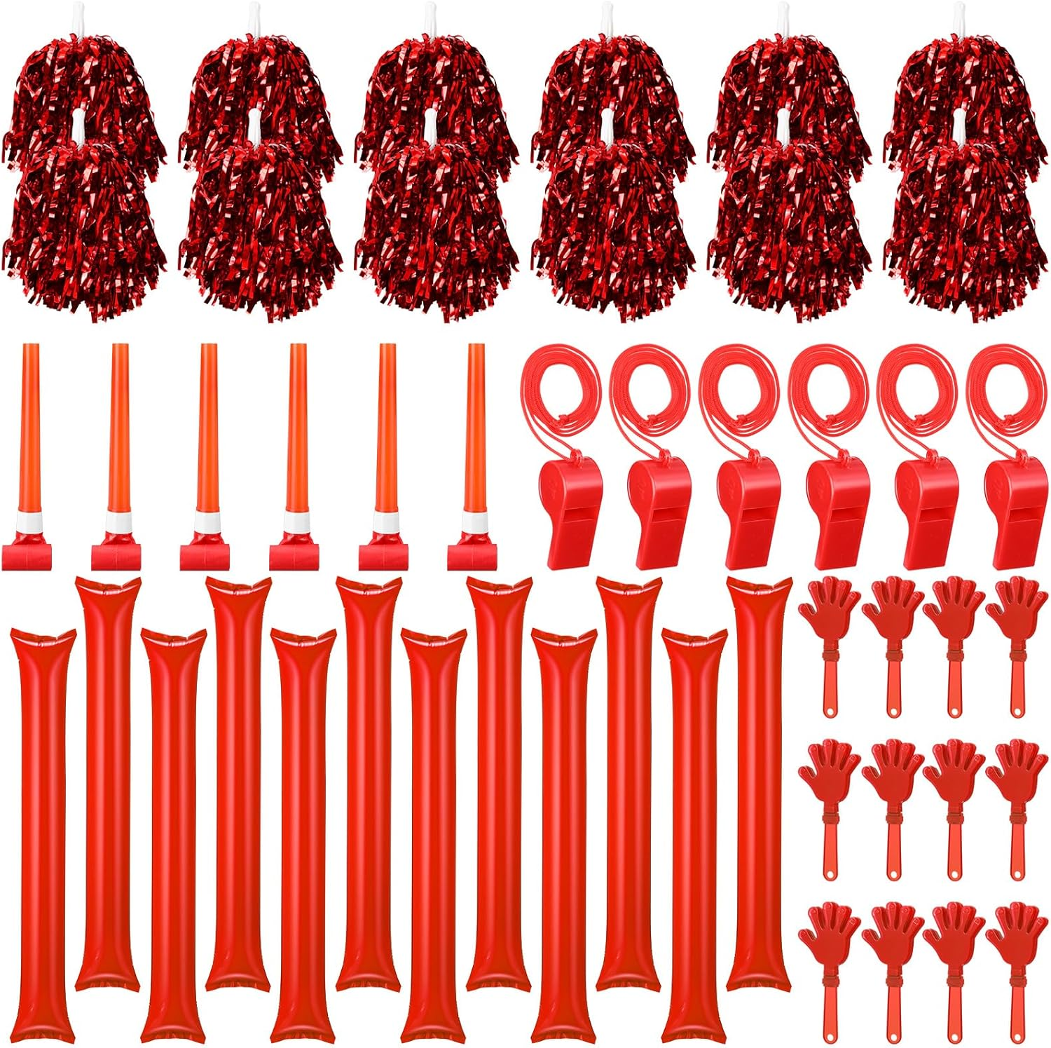 48 Pcs Cheerleading Pom Poms Thunder Sticks Hand Clappers Plastic Whistles with Lanyards Squawker Horns - Biue image number 7