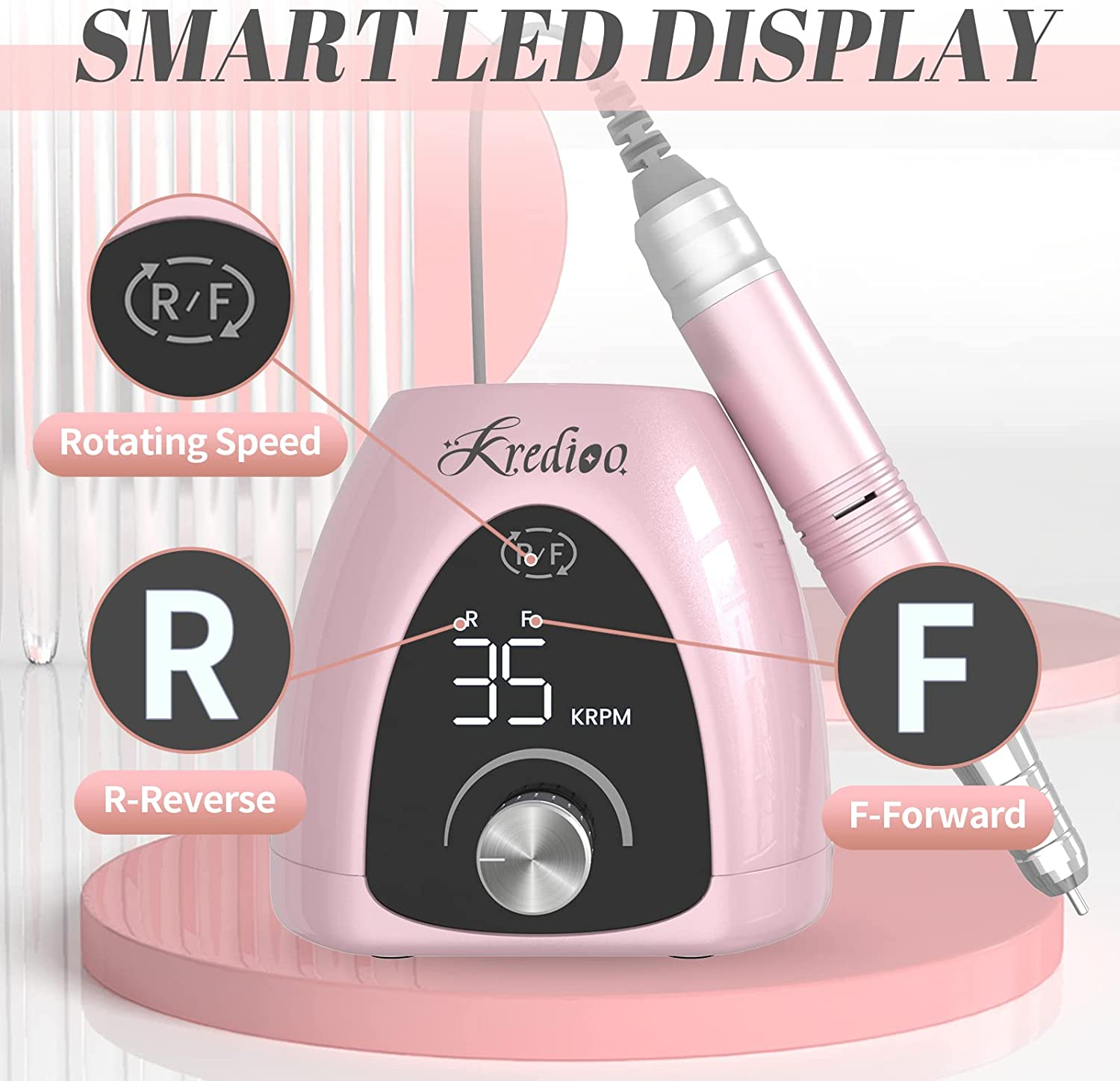 Kredioo Nail Drill Professional 35000RPM Electric Nail File for Acrylic Nails with Pause Button LED Screen for Home and Salon-Au Plug image number 3