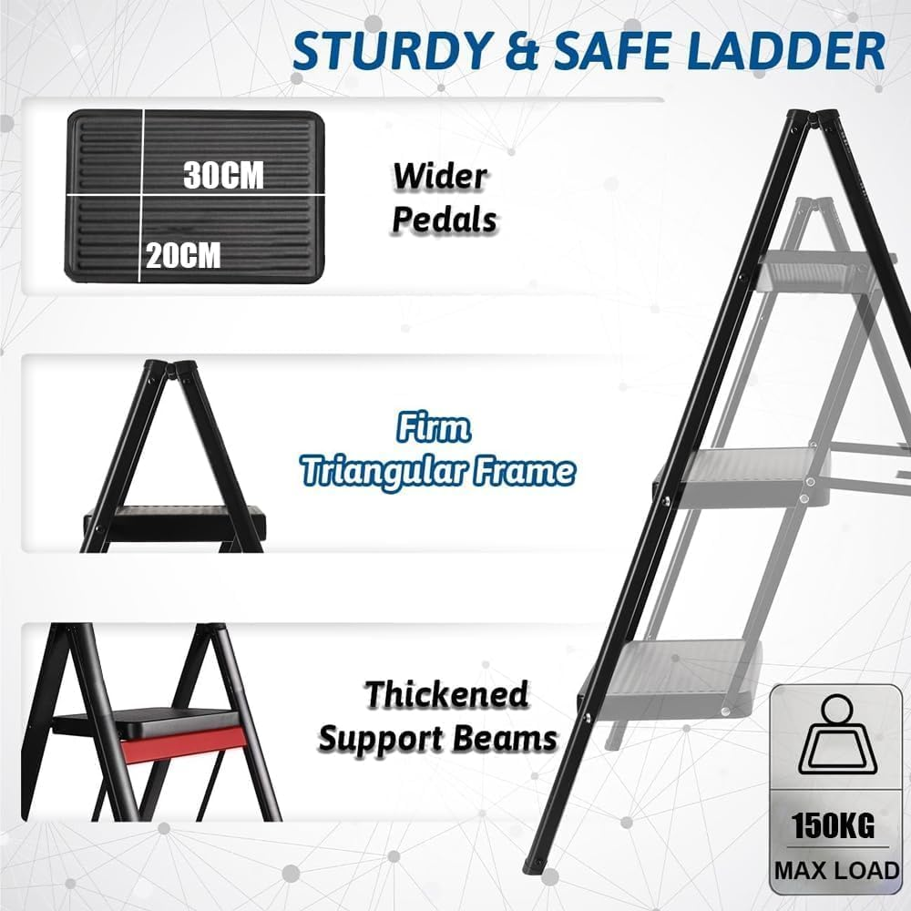 Step Ladder, 3 Steps Full Steel Folding Step Stool, Sturdy Small Step Stool for Adults,Closet Step Stool Ladder with Anti-Slip Wide Pedals, Multi-Use Kitchen Ladder,Bearing Capacity150Kg image number 3